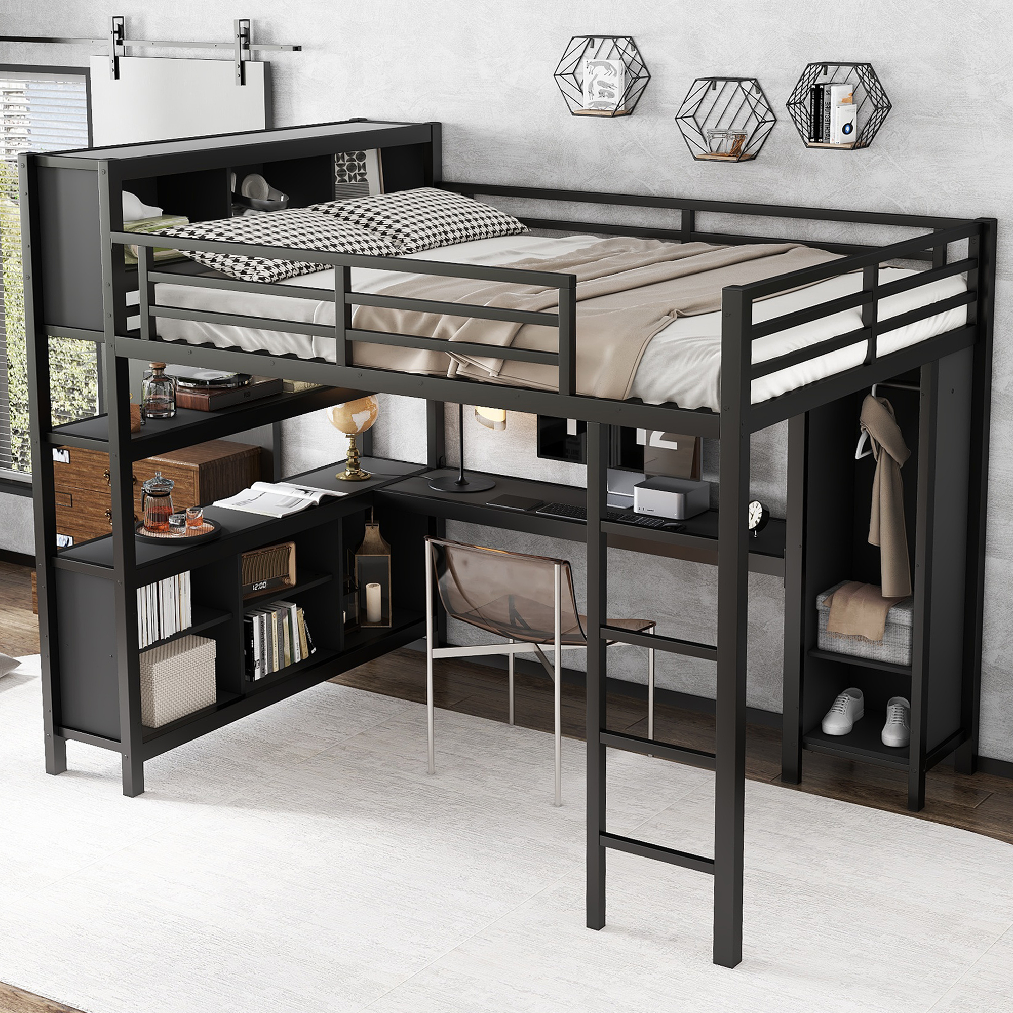 Metal Loft Bed with Wardrobe And L-shaped Desk, Queen Size Loft Bed with Storage Cubes and Shelves, Heavy Duty Loft Bed for Kids Teens Adults, Black - Image 2