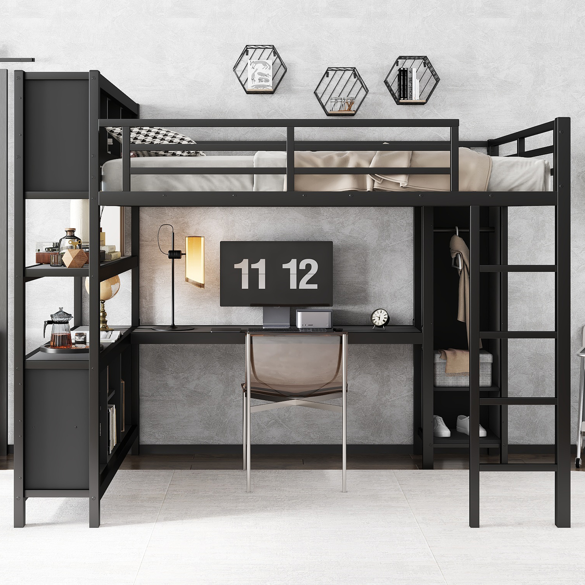 Metal Loft Bed with Wardrobe And L-shaped Desk, Queen Size Loft Bed with Storage Cubes and Shelves, Heavy Duty Loft Bed for Kids Teens Adults, Black - Image 3