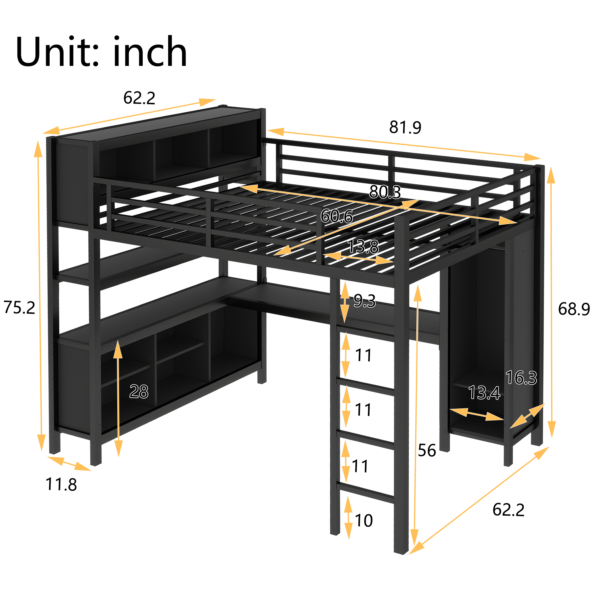 Metal Loft Bed with Wardrobe And L-shaped Desk, Queen Size Loft Bed with Storage Cubes and Shelves, Heavy Duty Loft Bed for Kids Teens Adults, Black - Image 4
