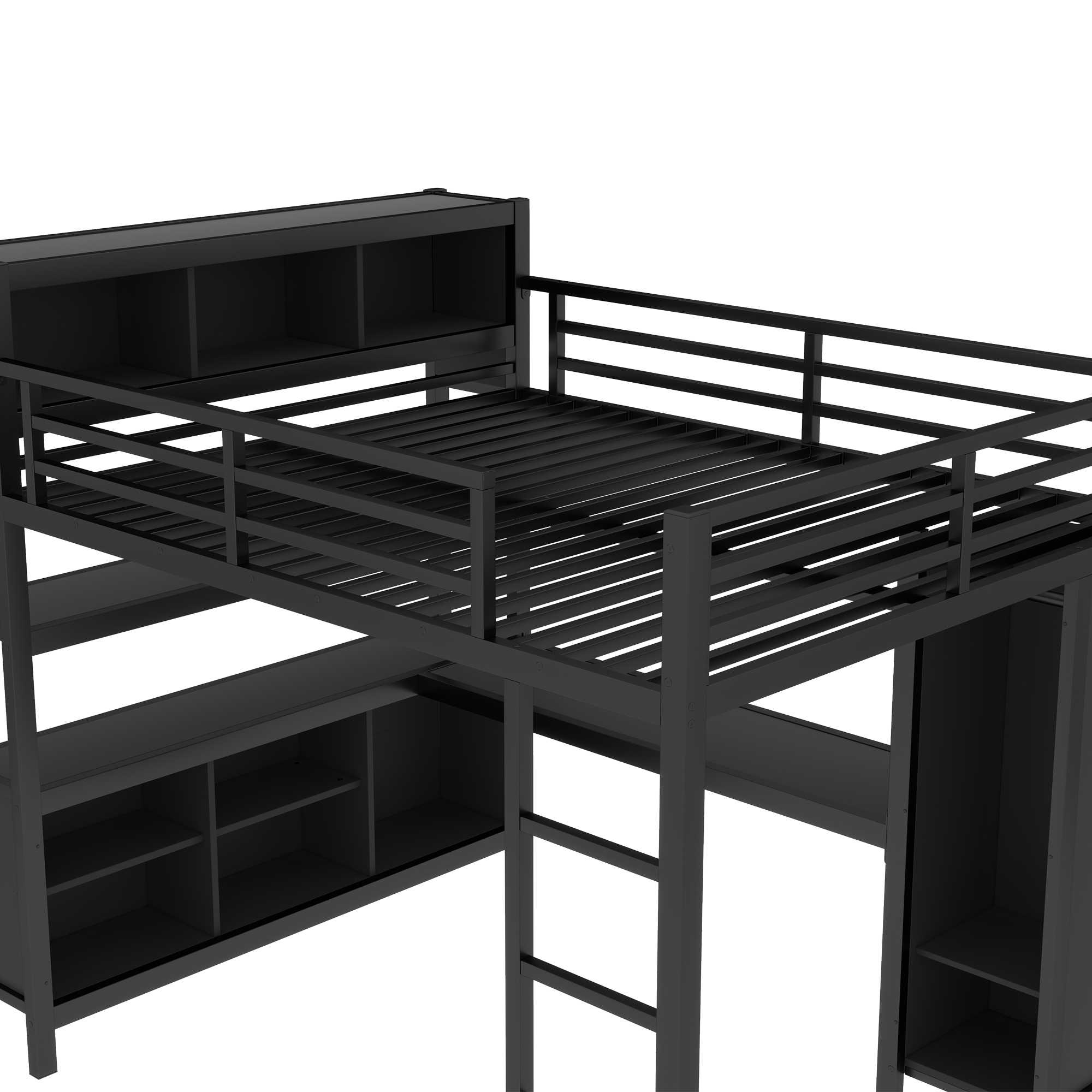 Metal Loft Bed with Wardrobe And L-shaped Desk, Queen Size Loft Bed with Storage Cubes and Shelves, Heavy Duty Loft Bed for Kids Teens Adults, Black - Image 6