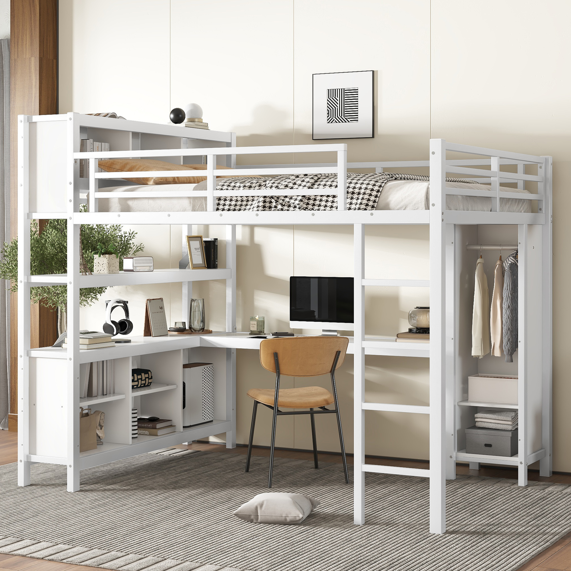 Metal Loft Bed with Wardrobe And L-shaped Desk, Queen Size Loft Bed with Storage Cubes and Shelves, Heavy Duty Loft Bed for Kids Teens Adults, White - Image 1