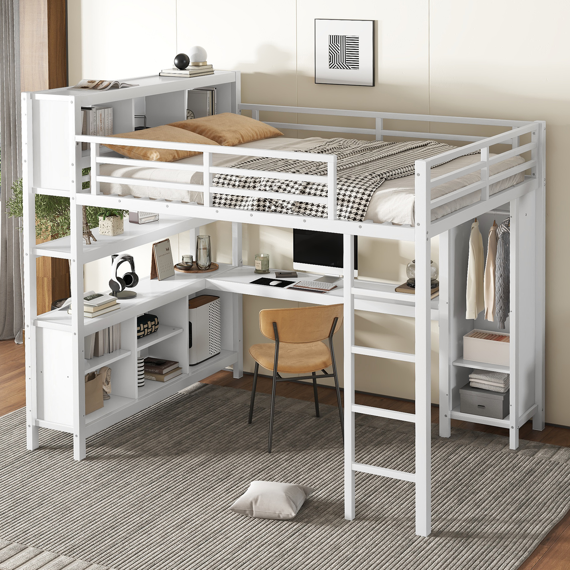 Metal Loft Bed with Wardrobe And L-shaped Desk, Queen Size Loft Bed with Storage Cubes and Shelves, Heavy Duty Loft Bed for Kids Teens Adults, White - Image 2