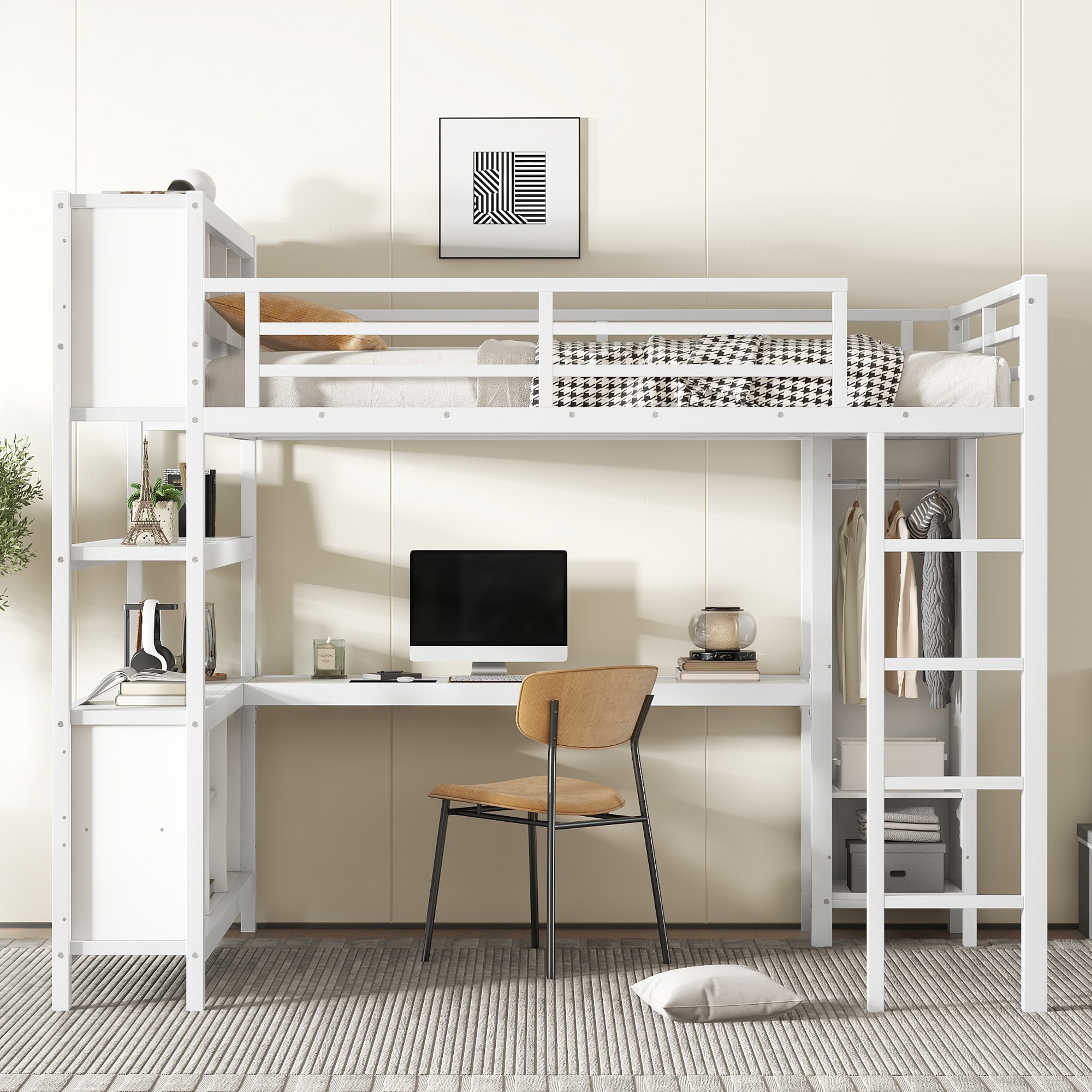 Metal Loft Bed with Wardrobe And L-shaped Desk, Queen Size Loft Bed with Storage Cubes and Shelves, Heavy Duty Loft Bed for Kids Teens Adults, White - Image 3