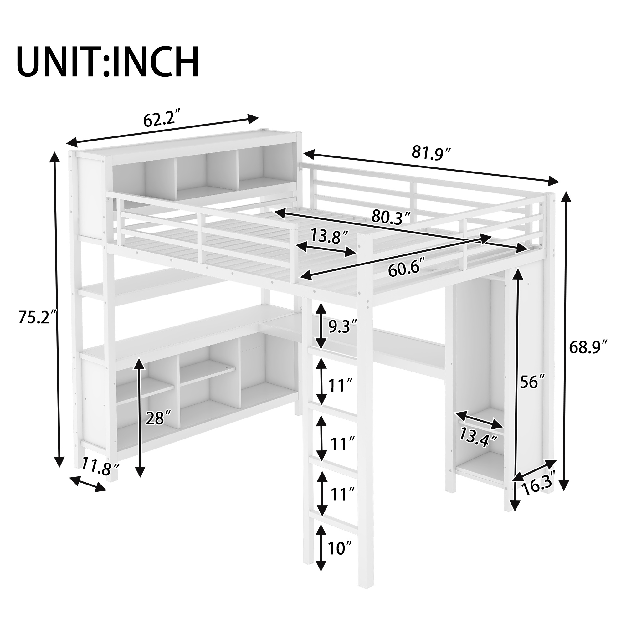Metal Loft Bed with Wardrobe And L-shaped Desk, Queen Size Loft Bed with Storage Cubes and Shelves, Heavy Duty Loft Bed for Kids Teens Adults, White - Image 4