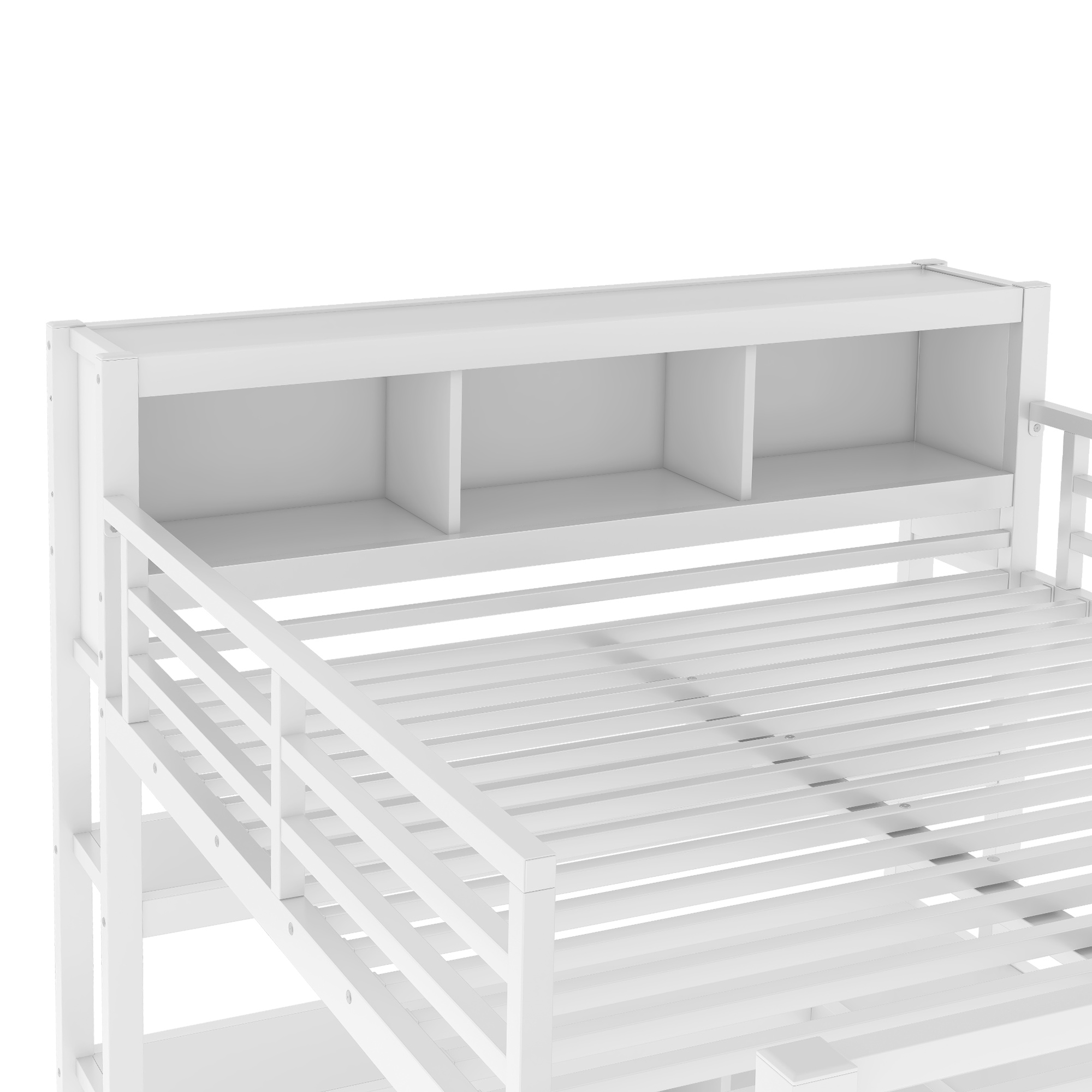Metal Loft Bed with Wardrobe And L-shaped Desk, Queen Size Loft Bed with Storage Cubes and Shelves, Heavy Duty Loft Bed for Kids Teens Adults, White - Image 6