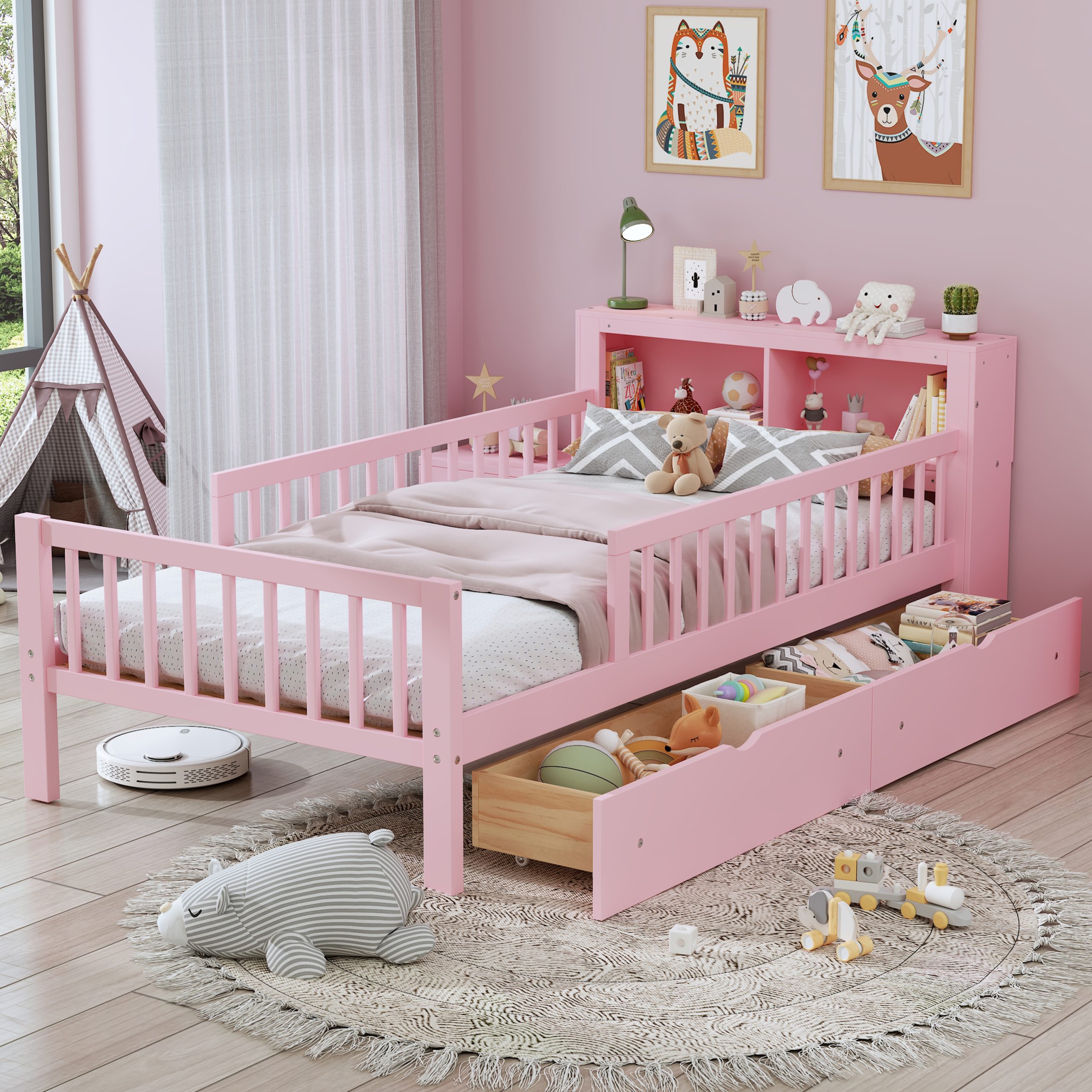 Twin Size Bed with Headboard Storage Rack, Two Under-Bed Drawers, Three-Side Guardrails for Safety and Security,Pink