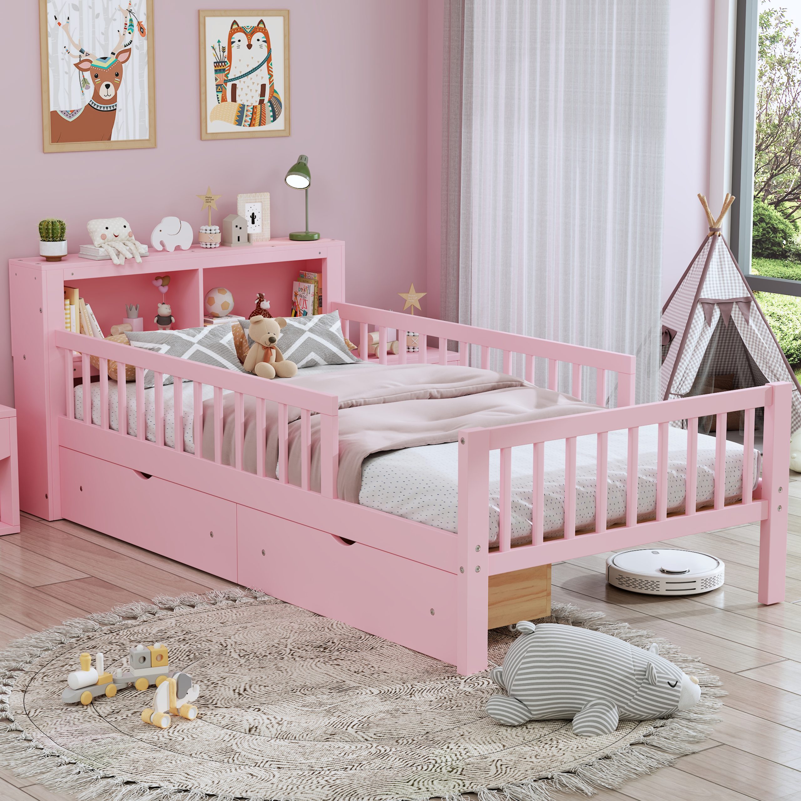 Twin Size Bed with Headboard Storage Rack, Two Under-Bed Drawers, Three-Side Guardrails for Safety and Security,Pink - Image 2