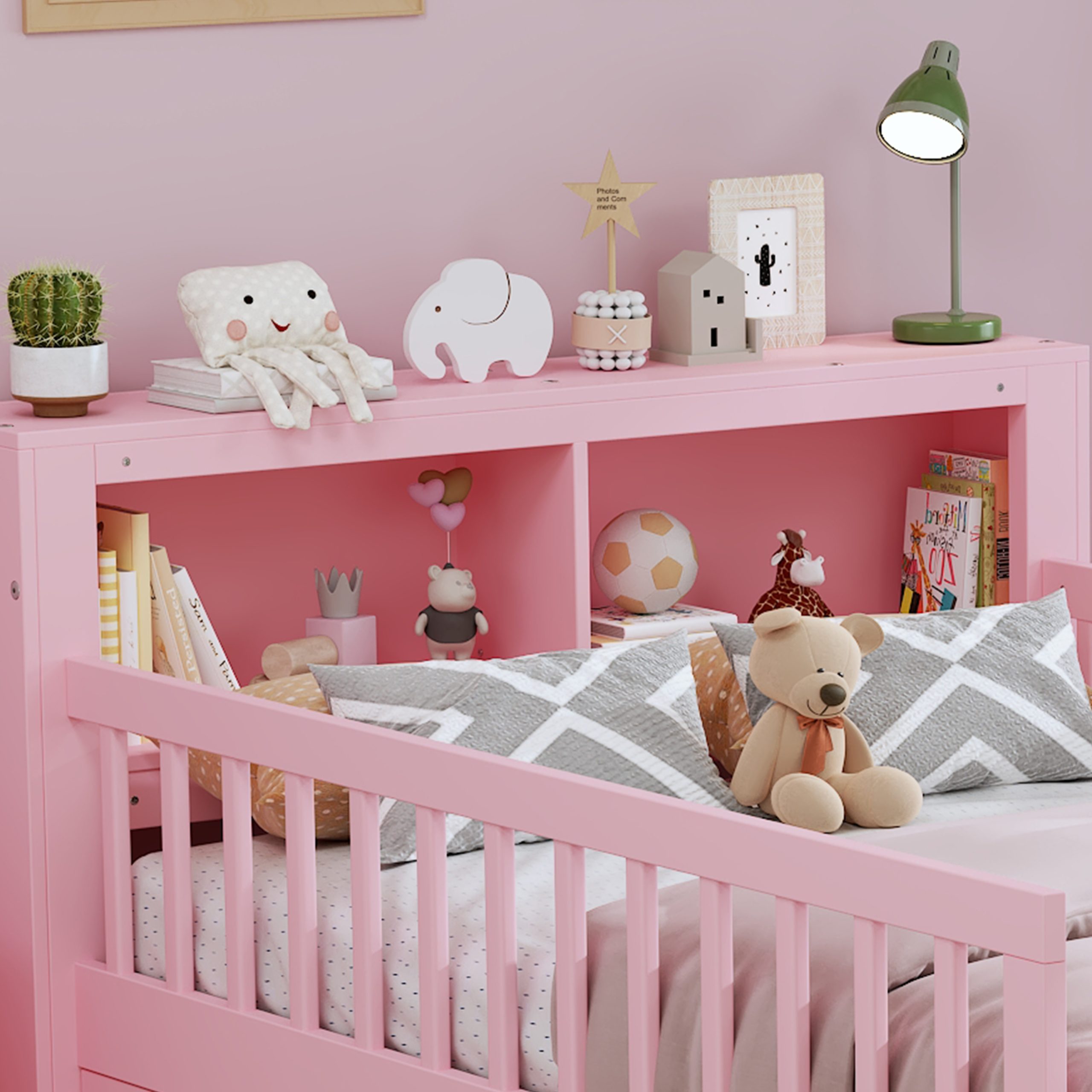 Twin Size Bed with Headboard Storage Rack, Two Under-Bed Drawers, Three-Side Guardrails for Safety and Security,Pink - Image 3