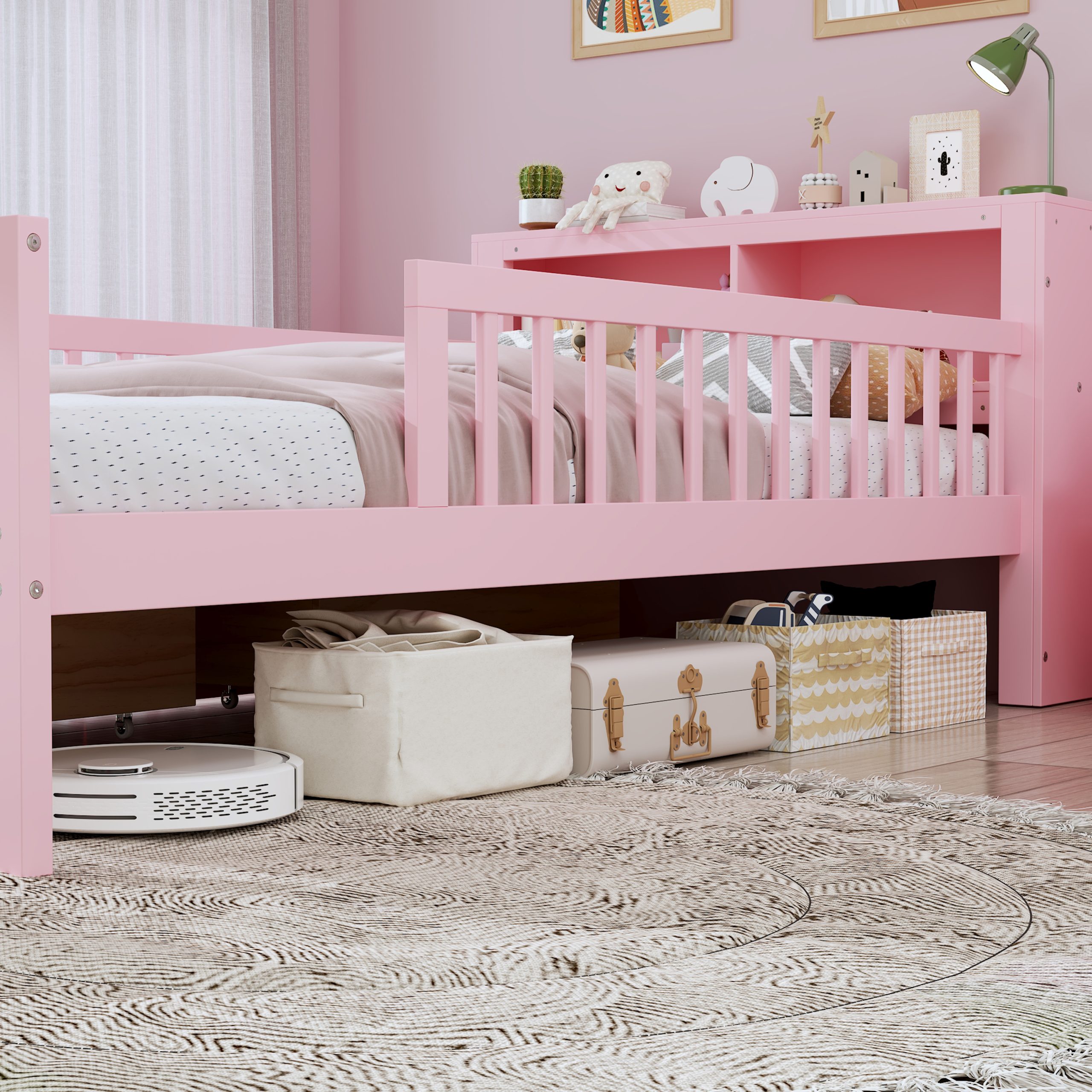Twin Size Bed with Headboard Storage Rack, Two Under-Bed Drawers, Three-Side Guardrails for Safety and Security,Pink - Image 4