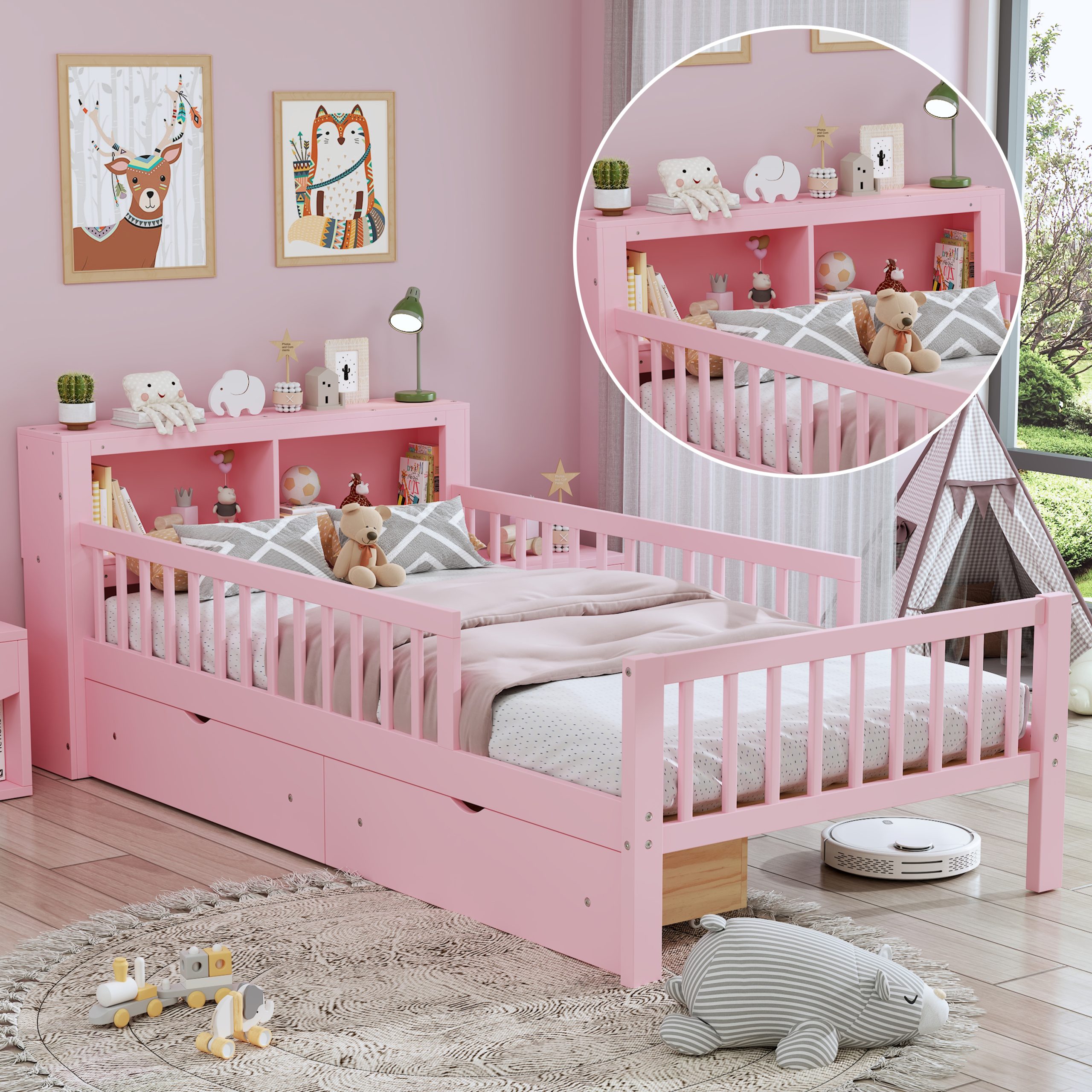 Twin Size Bed with Headboard Storage Rack, Two Under-Bed Drawers, Three-Side Guardrails for Safety and Security,Pink - Image 5