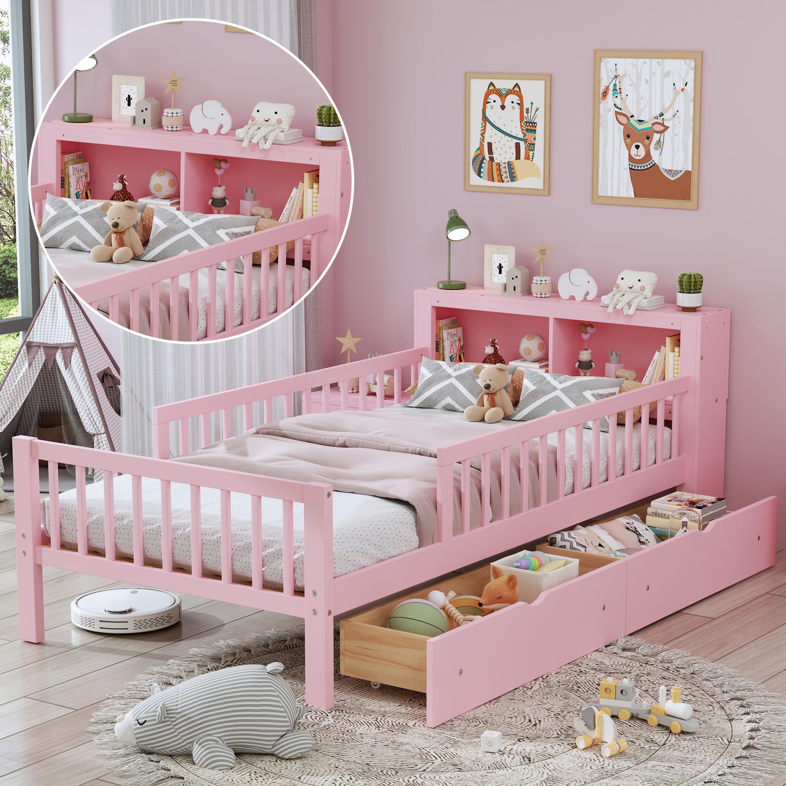 Twin Size Bed with Headboard Storage Rack, Two Under-Bed Drawers, Three-Side Guardrails for Safety and Security,Pink - Image 6