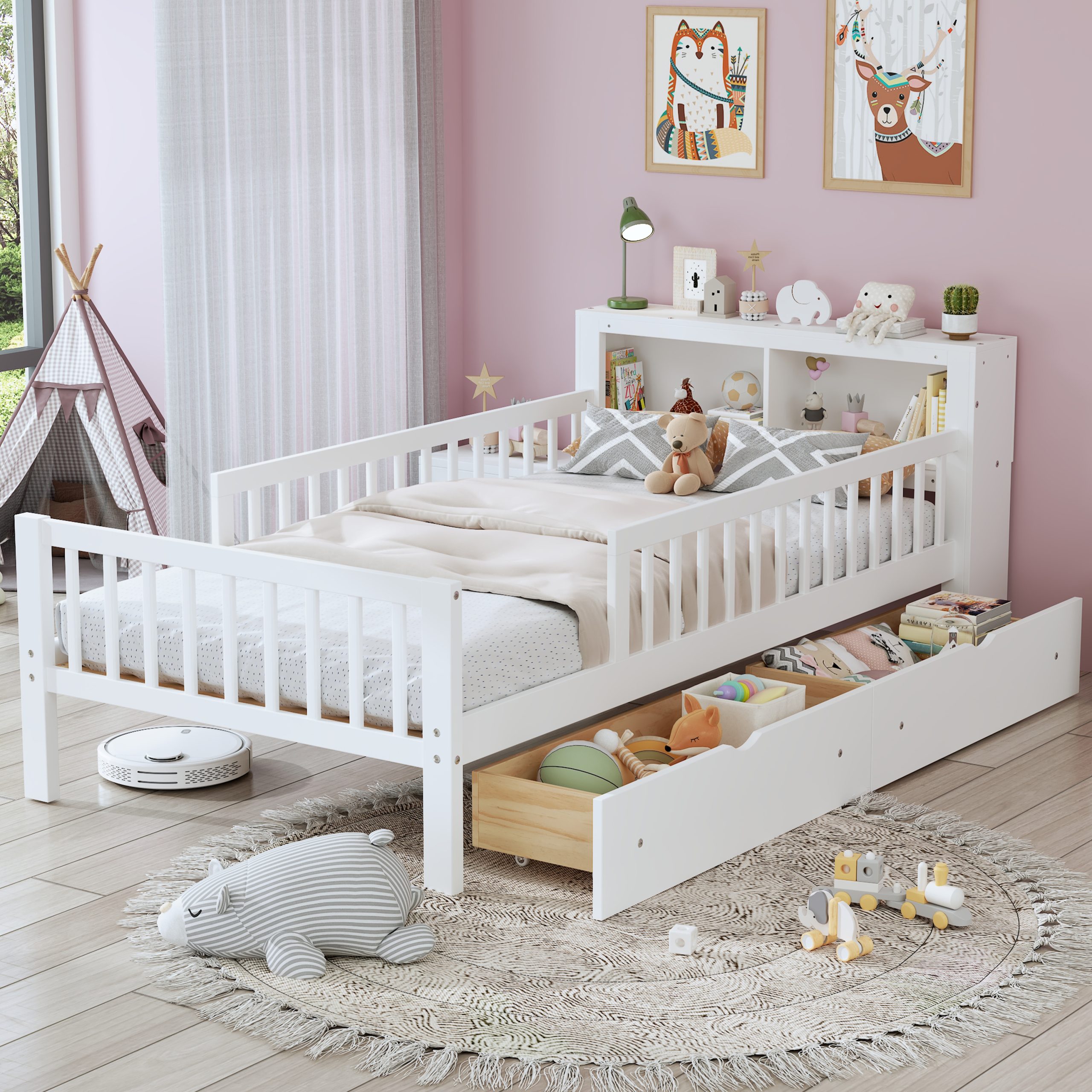 Twin Size Bed with Headboard Storage Rack, Two Under-Bed Drawers, Three-Side Guardrails for Safety and Security,White