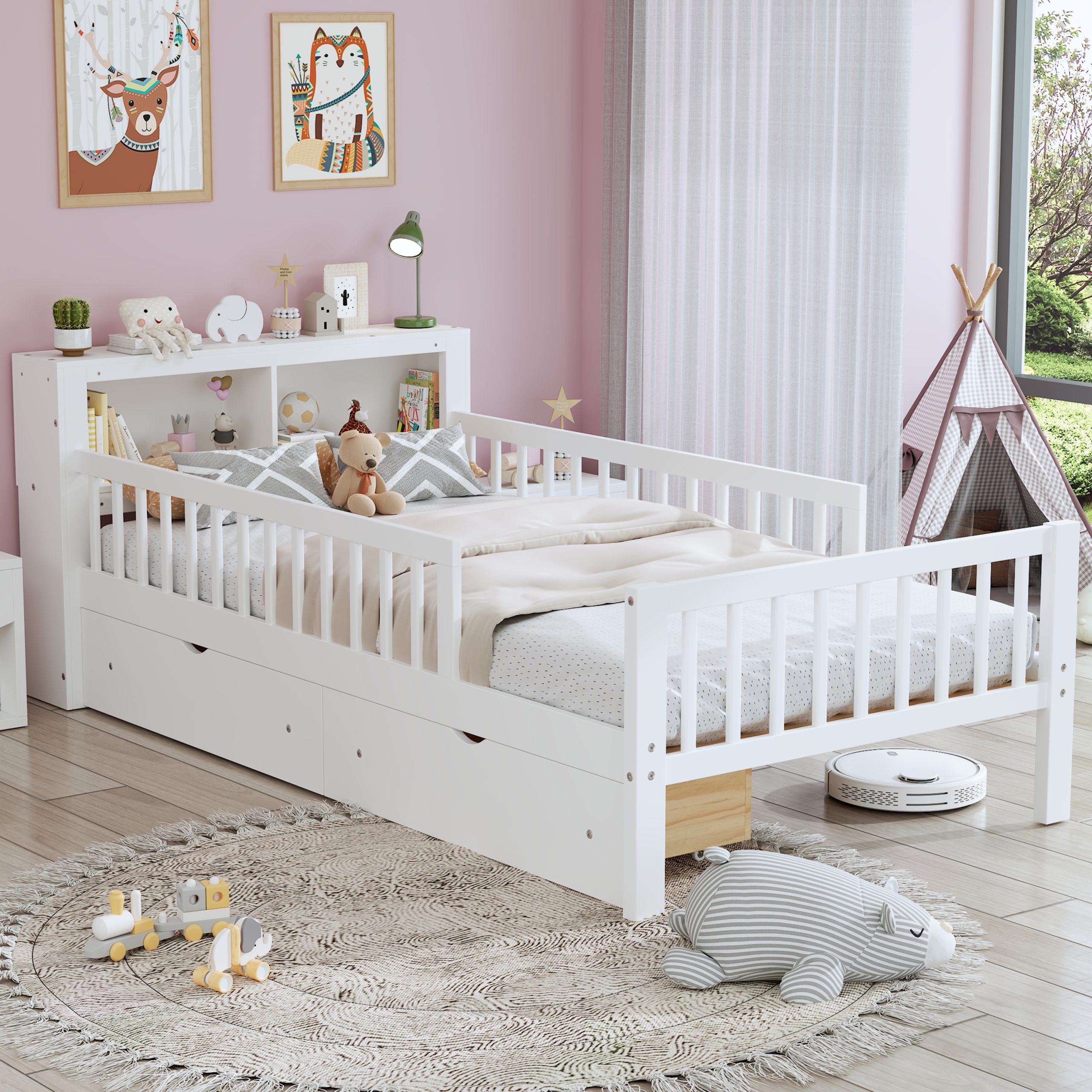 Twin Size Bed with Headboard Storage Rack, Two Under-Bed Drawers, Three-Side Guardrails for Safety and Security,White - Image 2