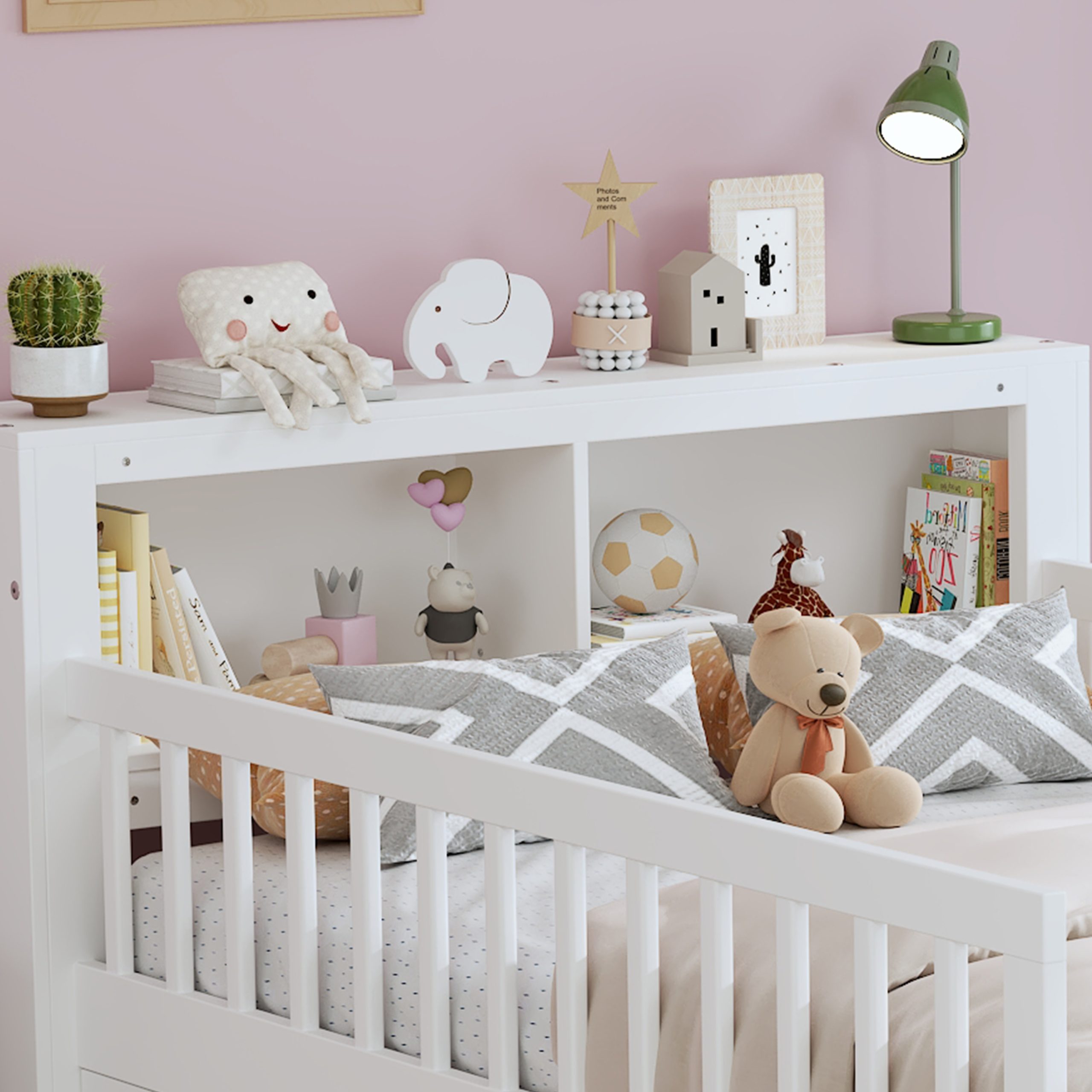 Twin Size Bed with Headboard Storage Rack, Two Under-Bed Drawers, Three-Side Guardrails for Safety and Security,White - Image 3