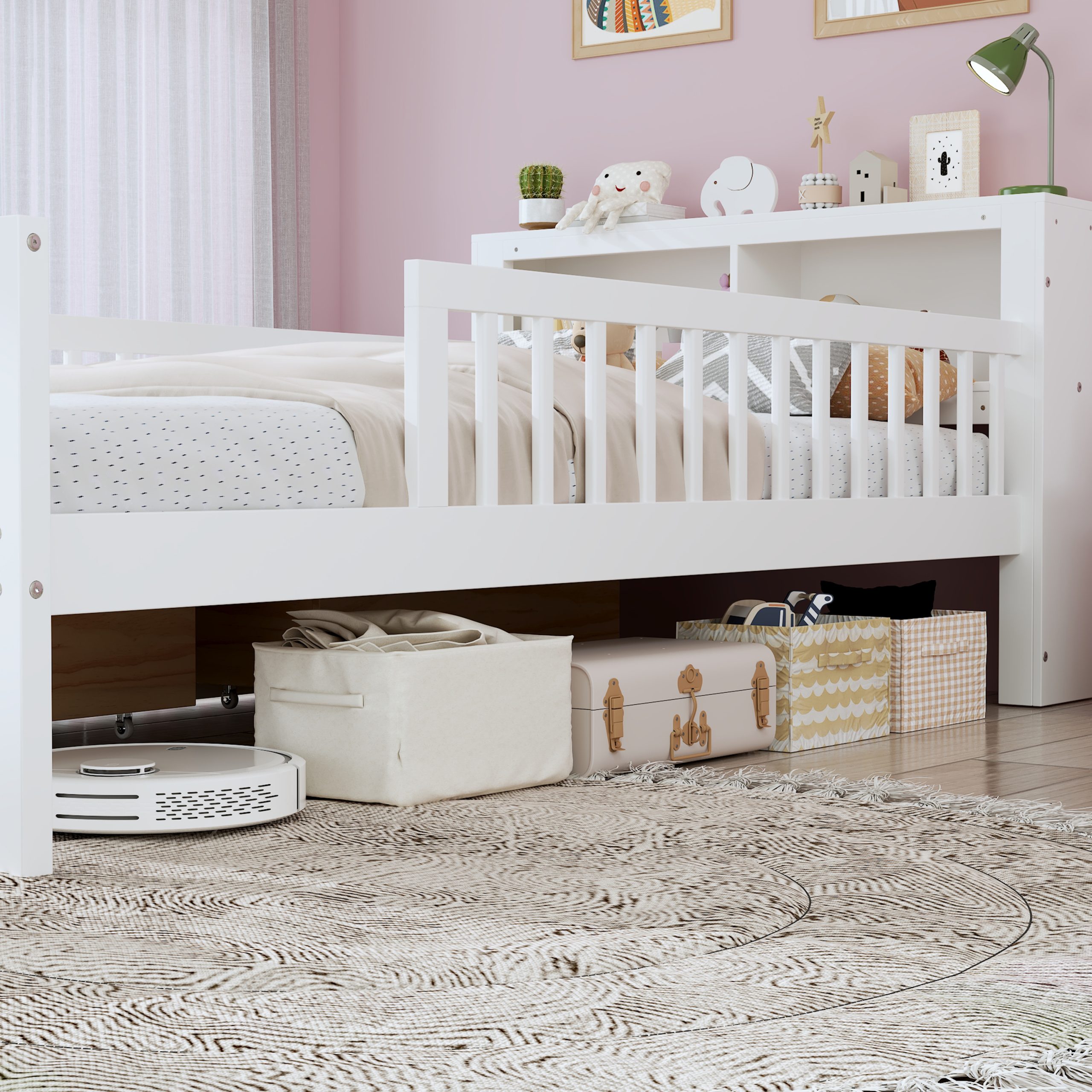 Twin Size Bed with Headboard Storage Rack, Two Under-Bed Drawers, Three-Side Guardrails for Safety and Security,White - Image 4
