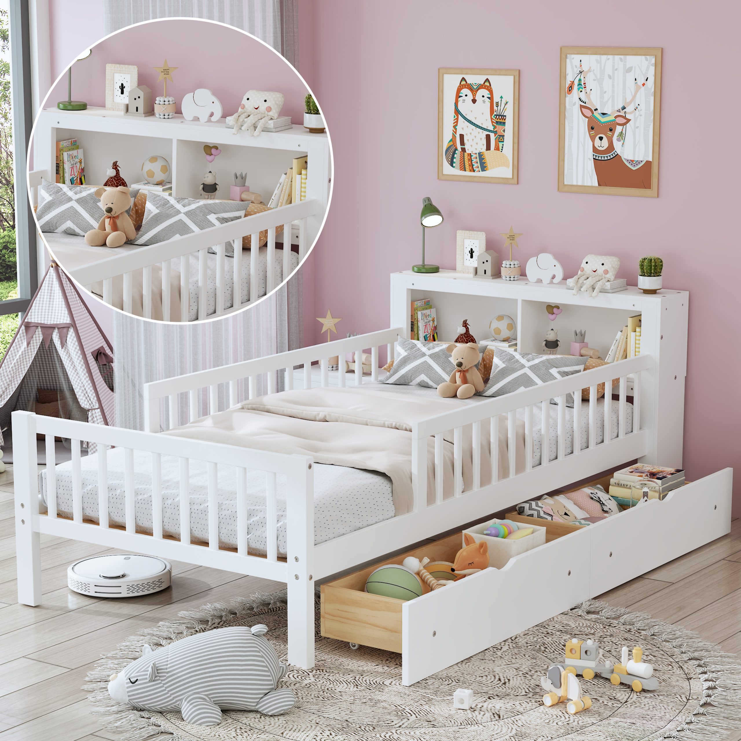 Twin Size Bed with Headboard Storage Rack, Two Under-Bed Drawers, Three-Side Guardrails for Safety and Security,White - Image 5