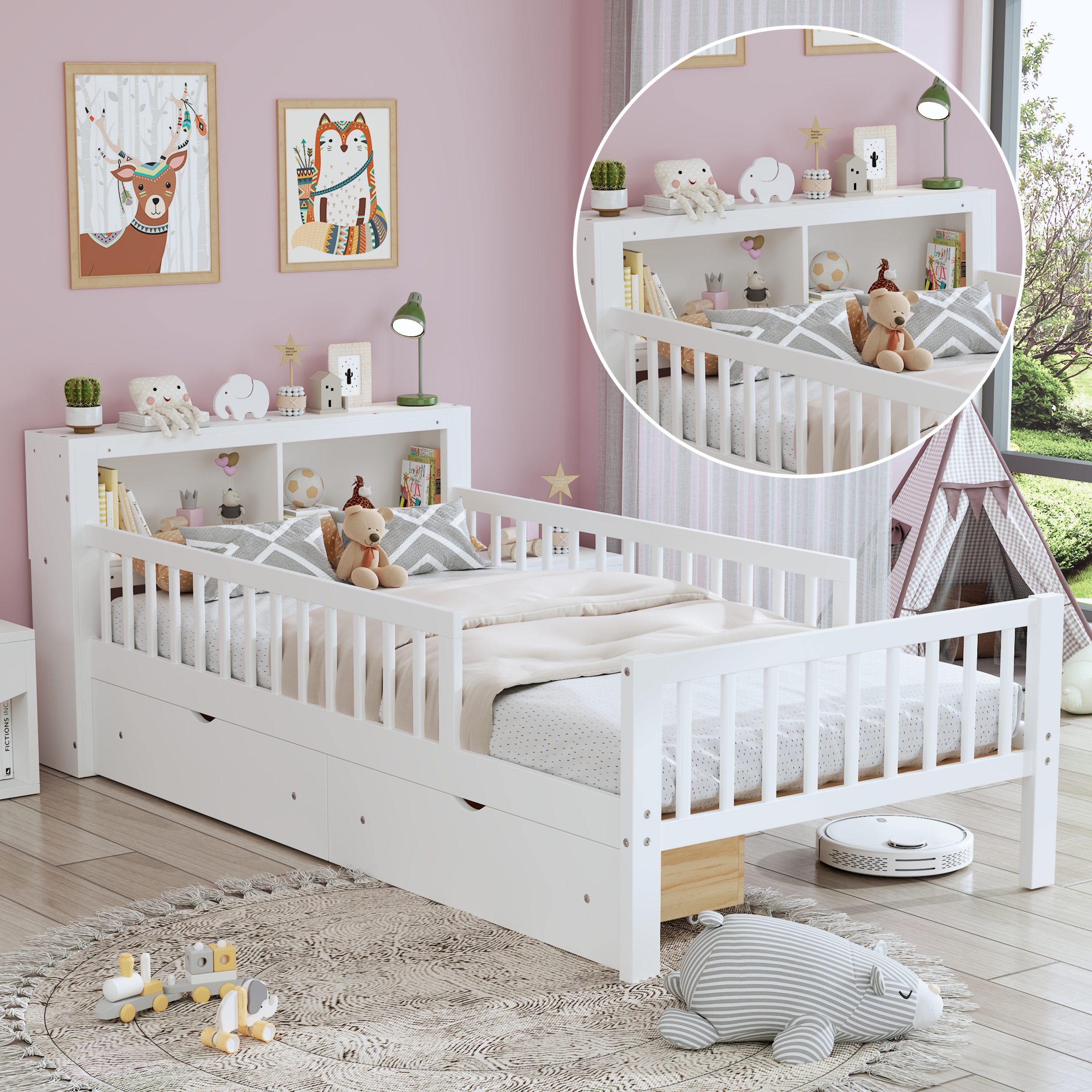 Twin Size Bed with Headboard Storage Rack, Two Under-Bed Drawers, Three-Side Guardrails for Safety and Security,White - Image 6