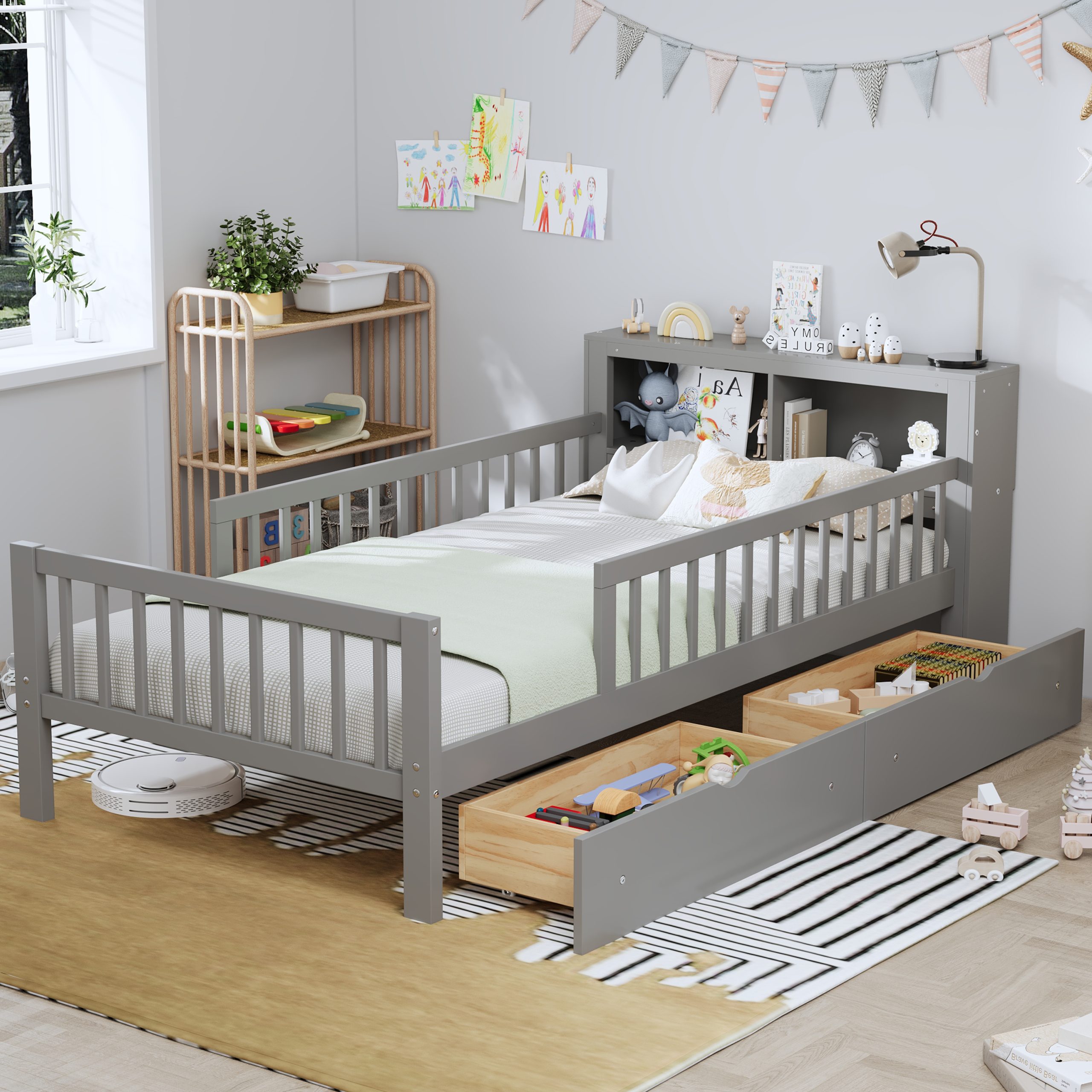 Twin Size Bed with Headboard Storage Rack, Two Under-Bed Drawers, Three-Side Guardrails for Safety and Security,Gray - Image 1