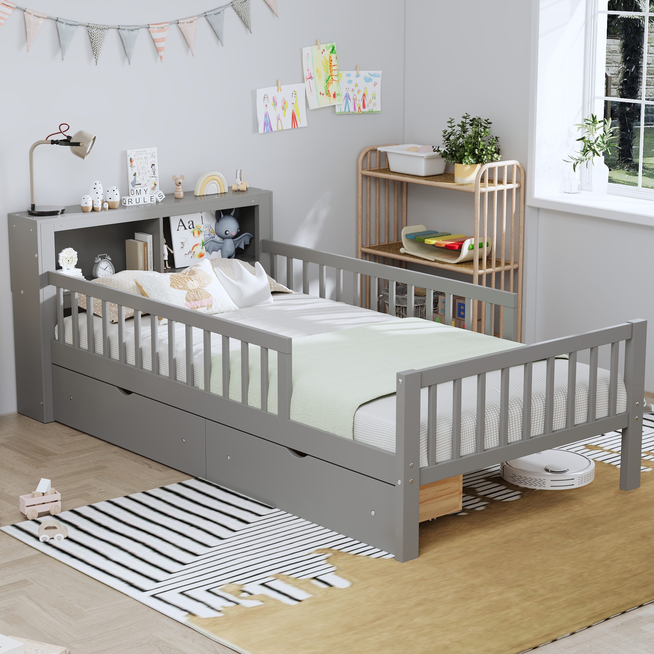 Twin Size Bed with Headboard Storage Rack, Two Under-Bed Drawers, Three-Side Guardrails for Safety and Security,Gray - Image 2
