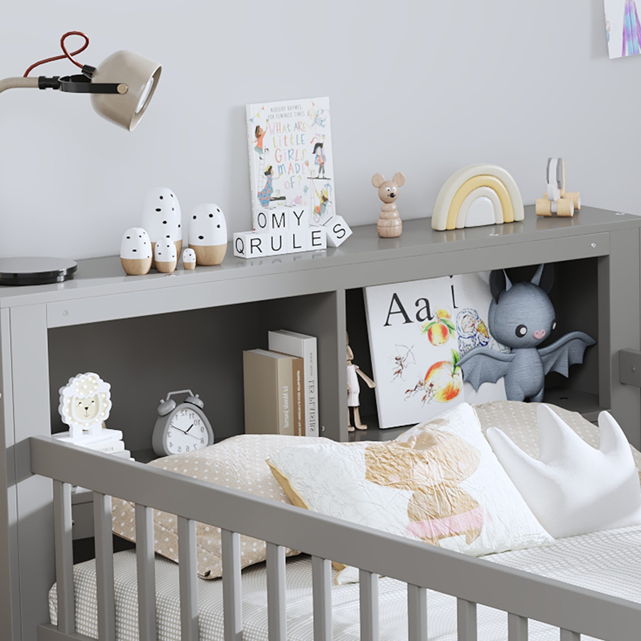 Twin Size Bed with Headboard Storage Rack, Two Under-Bed Drawers, Three-Side Guardrails for Safety and Security,Gray - Image 3