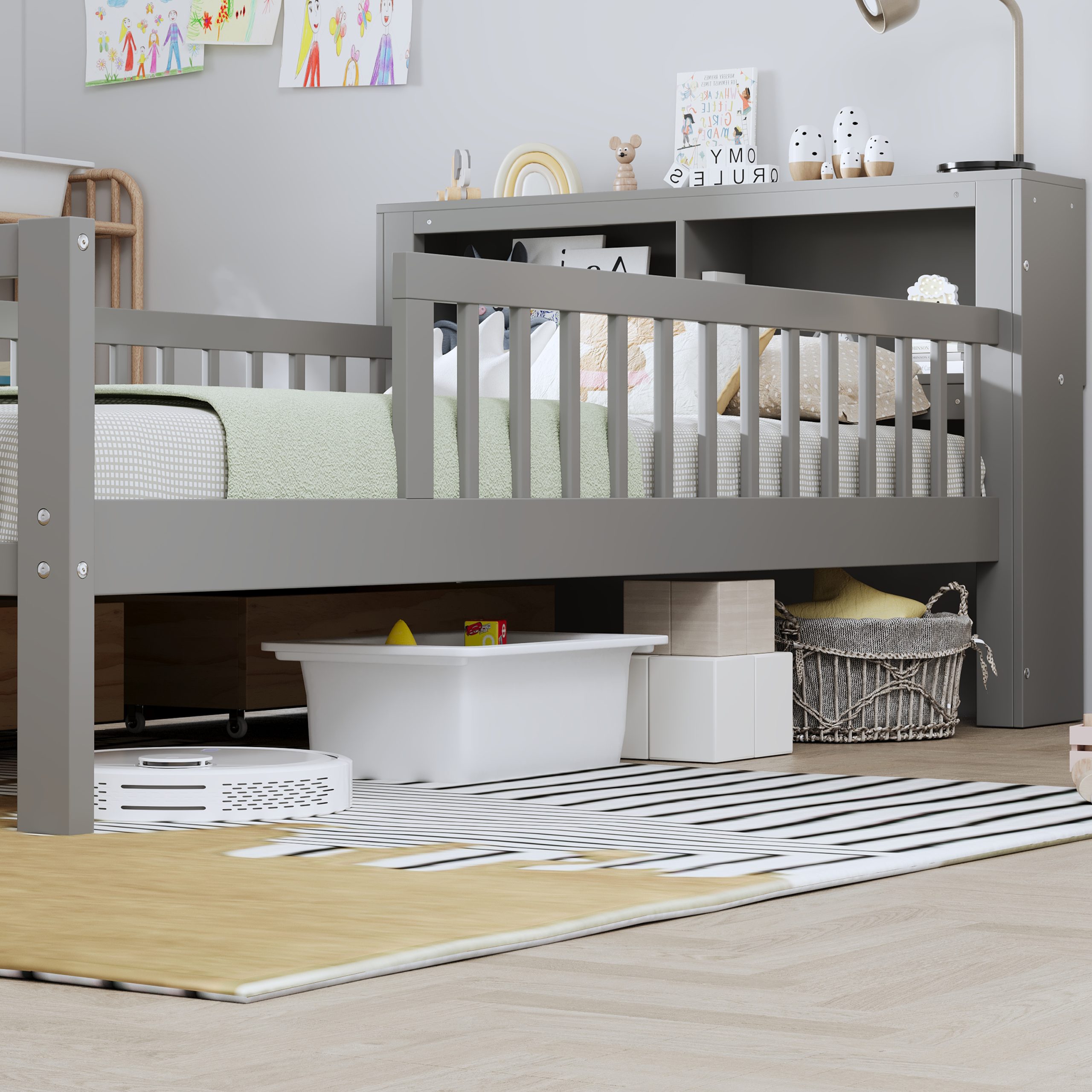 Twin Size Bed with Headboard Storage Rack, Two Under-Bed Drawers, Three-Side Guardrails for Safety and Security,Gray - Image 4