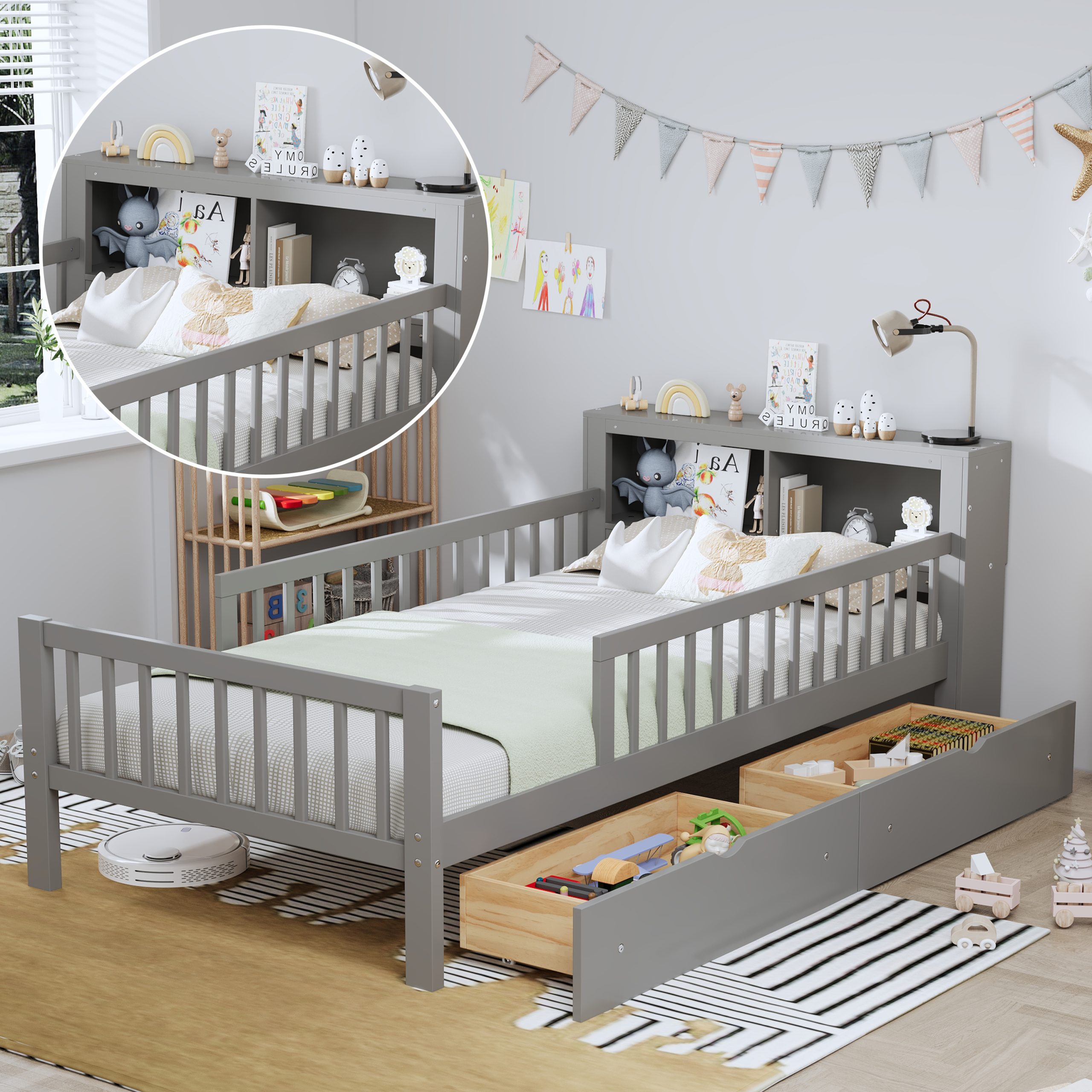 Twin Size Bed with Headboard Storage Rack, Two Under-Bed Drawers, Three-Side Guardrails for Safety and Security,Gray - Image 5