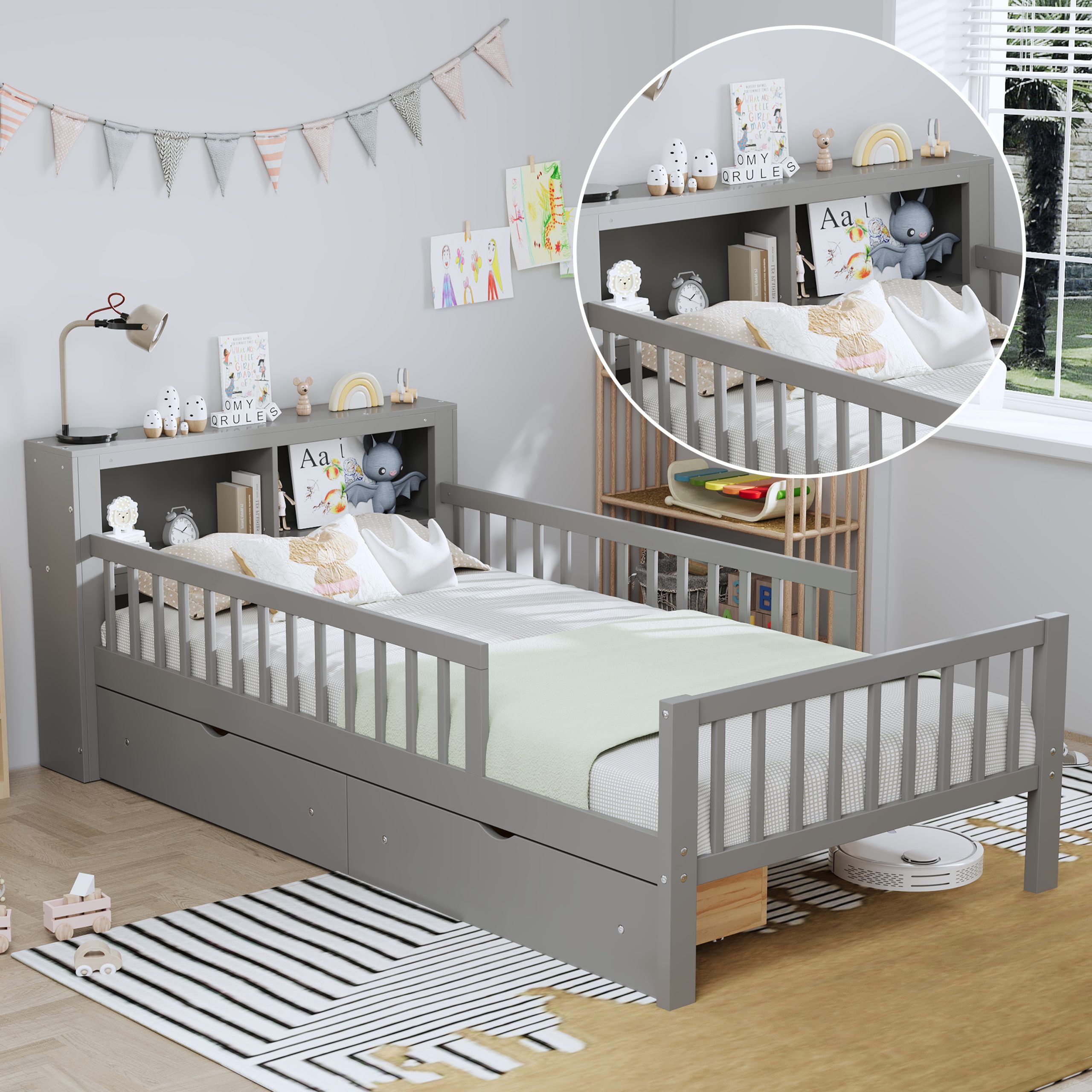 Twin Size Bed with Headboard Storage Rack, Two Under-Bed Drawers, Three-Side Guardrails for Safety and Security,Gray - Image 6