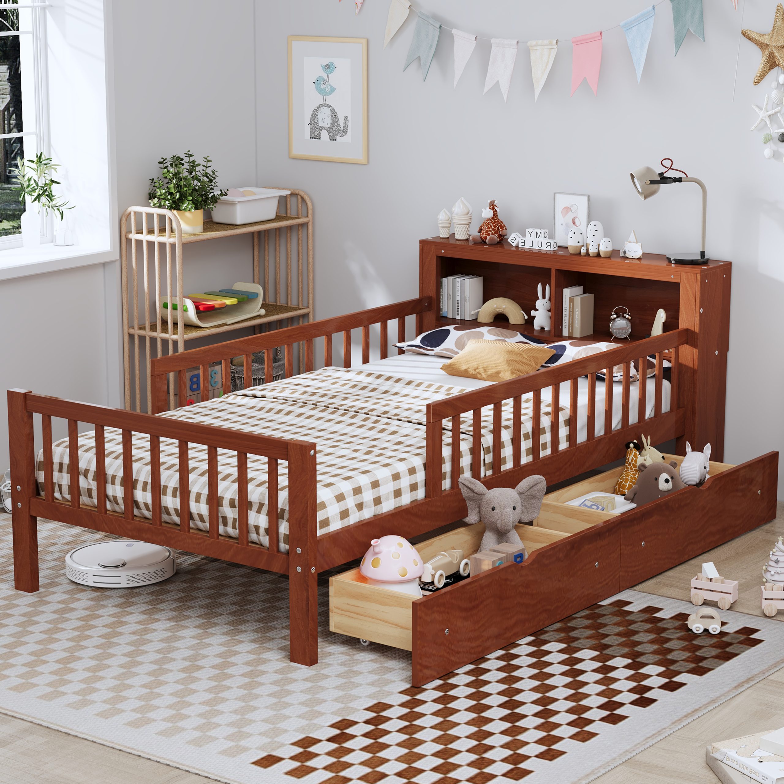 Twin Size Bed with Headboard Storage Rack, Two Under-Bed Drawers, Three-Side Guardrails for Safety and Security,Walnut