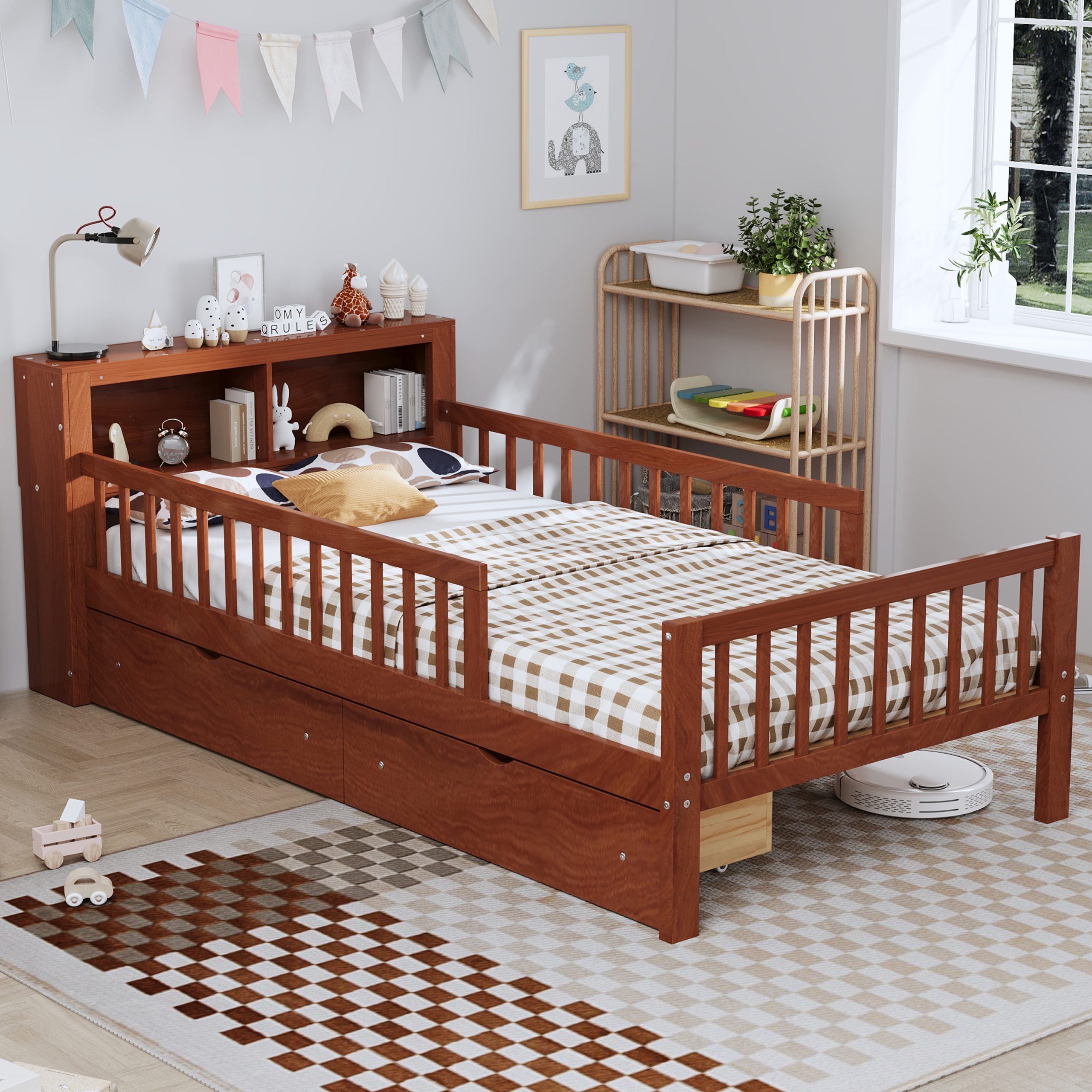 Twin Size Bed with Headboard Storage Rack, Two Under-Bed Drawers, Three-Side Guardrails for Safety and Security,Walnut - Image 2
