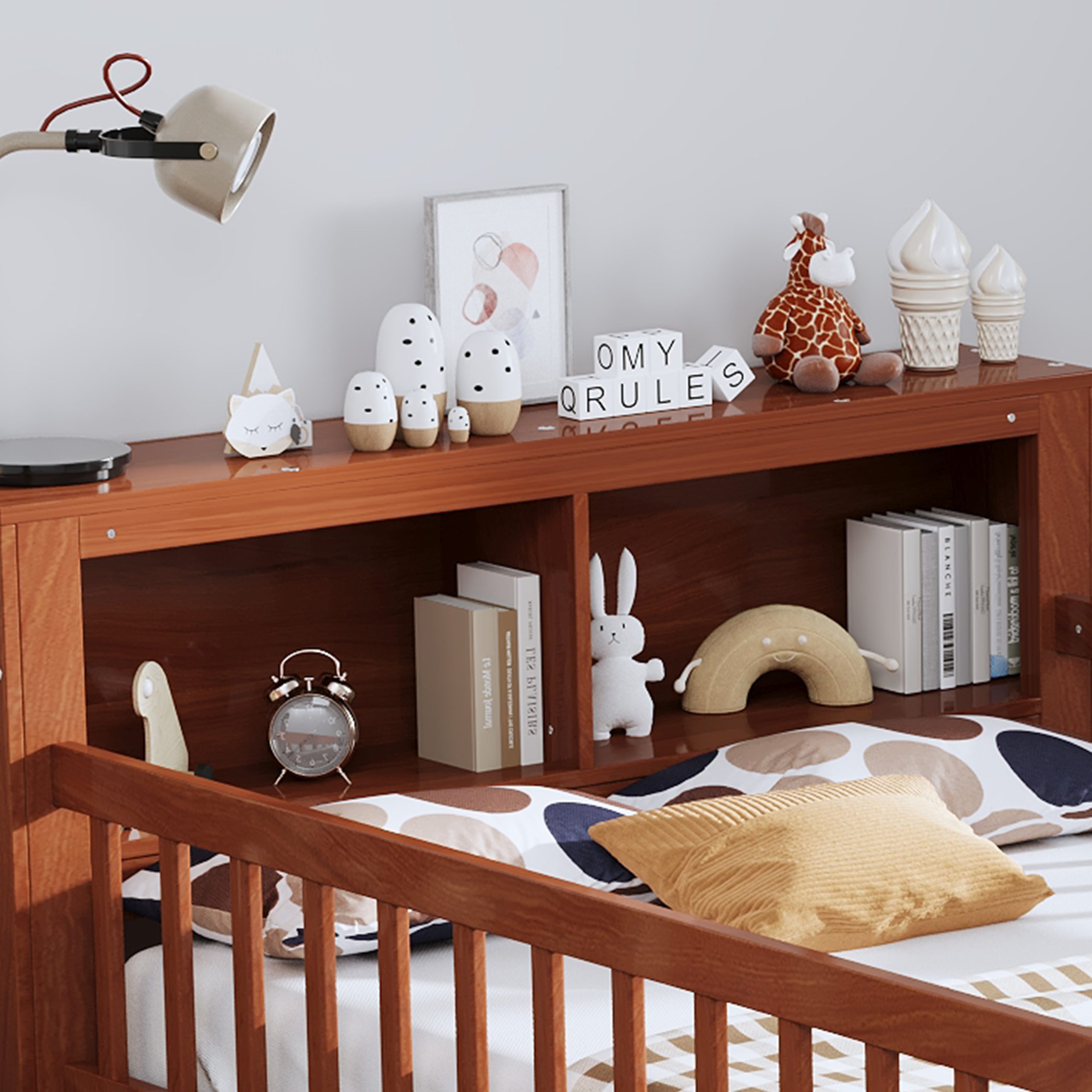 Twin Size Bed with Headboard Storage Rack, Two Under-Bed Drawers, Three-Side Guardrails for Safety and Security,Walnut - Image 3