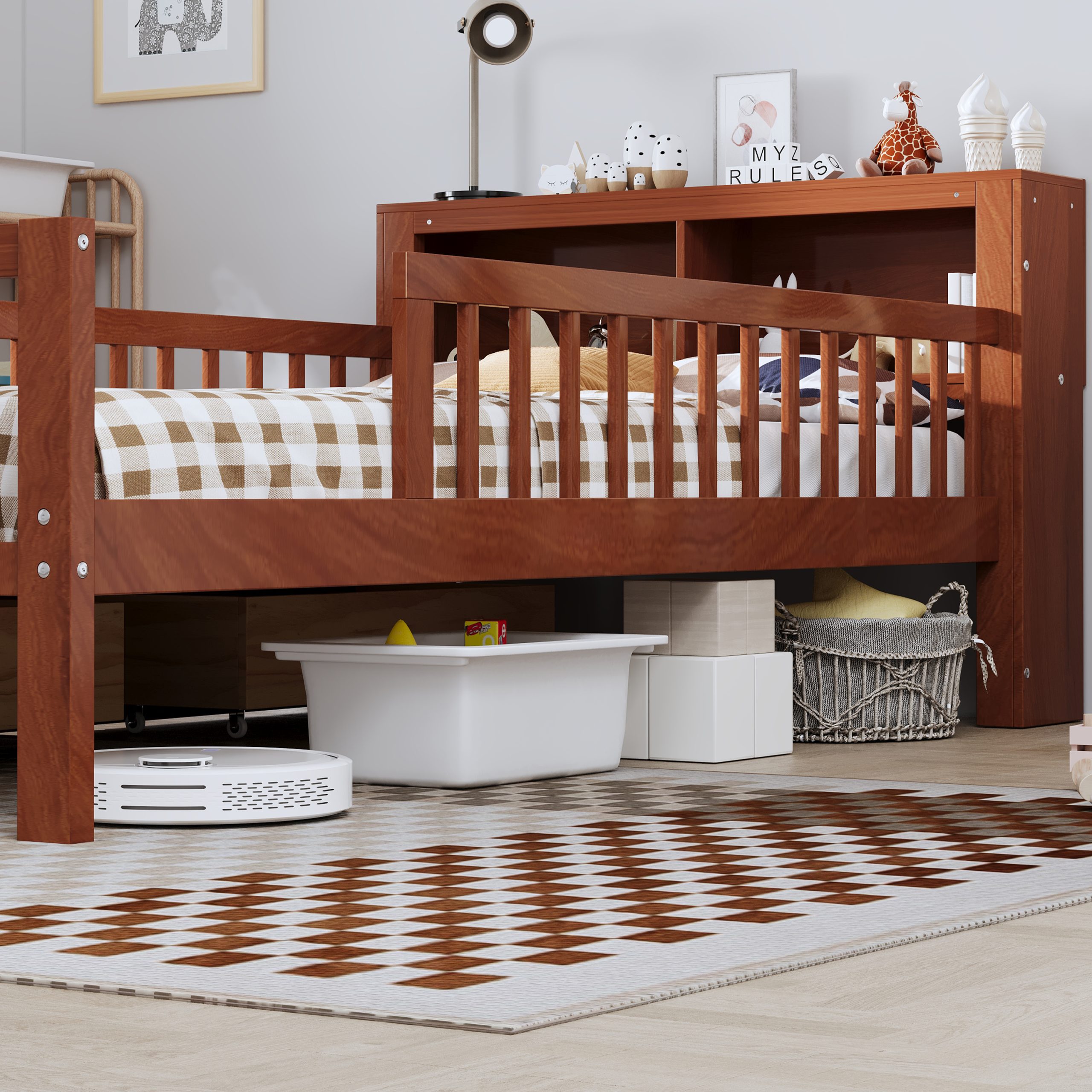Twin Size Bed with Headboard Storage Rack, Two Under-Bed Drawers, Three-Side Guardrails for Safety and Security,Walnut - Image 4