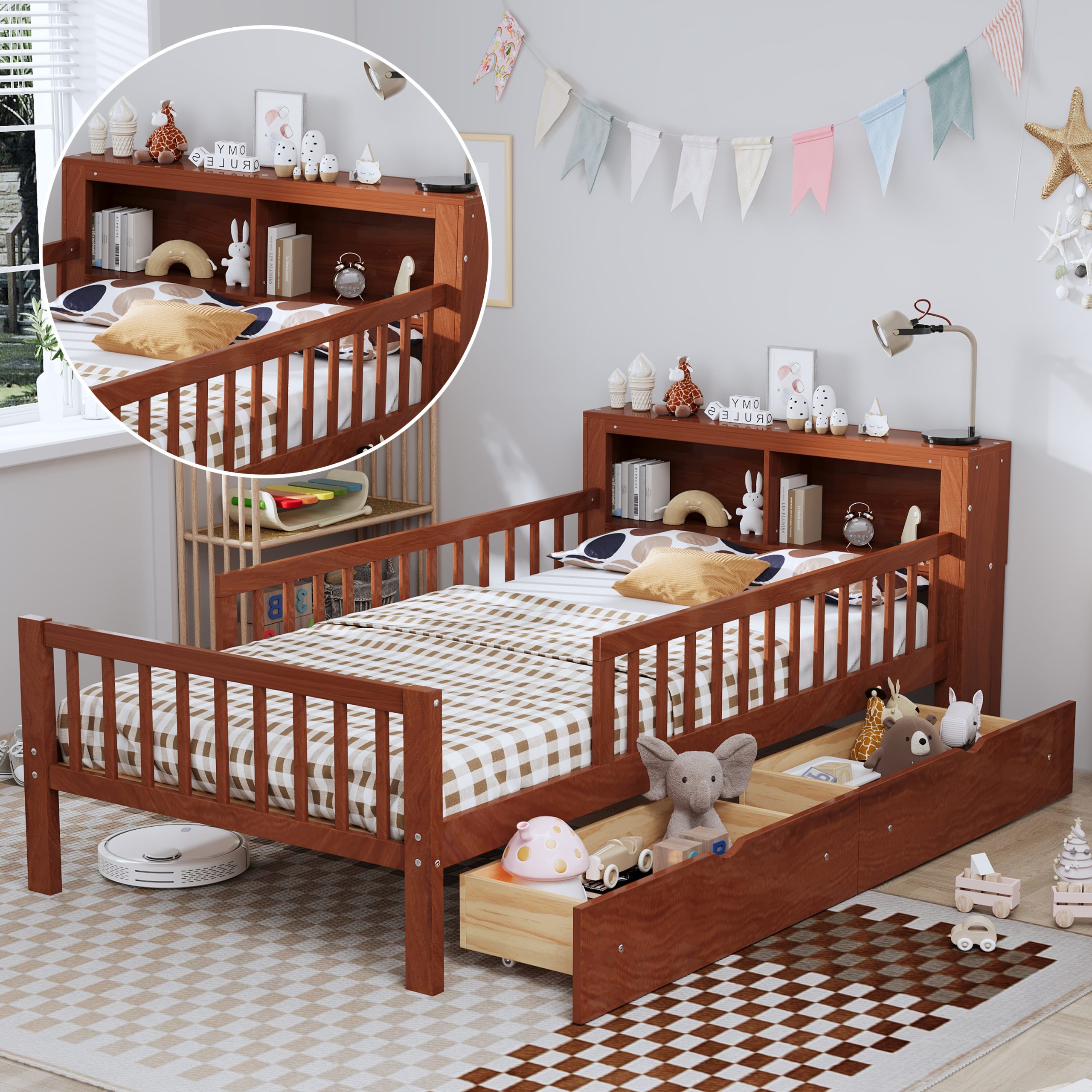 Twin Size Bed with Headboard Storage Rack, Two Under-Bed Drawers, Three-Side Guardrails for Safety and Security,Walnut - Image 5