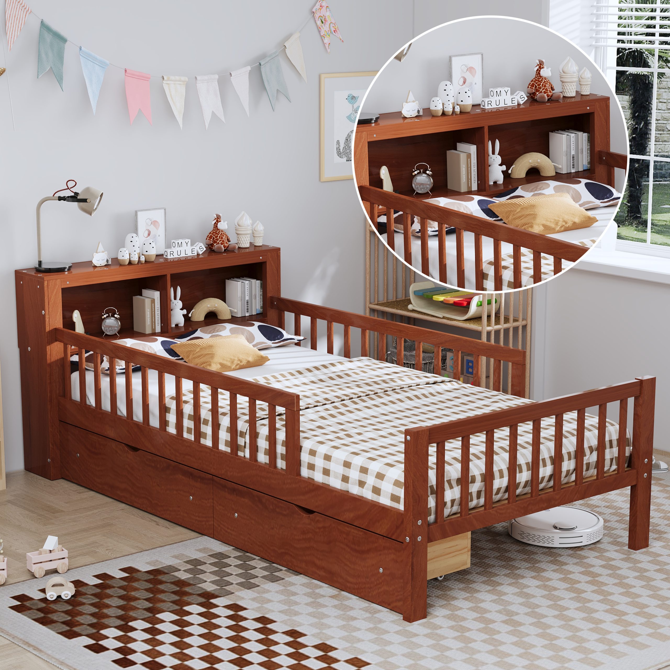 Twin Size Bed with Headboard Storage Rack, Two Under-Bed Drawers, Three-Side Guardrails for Safety and Security,Walnut - Image 6