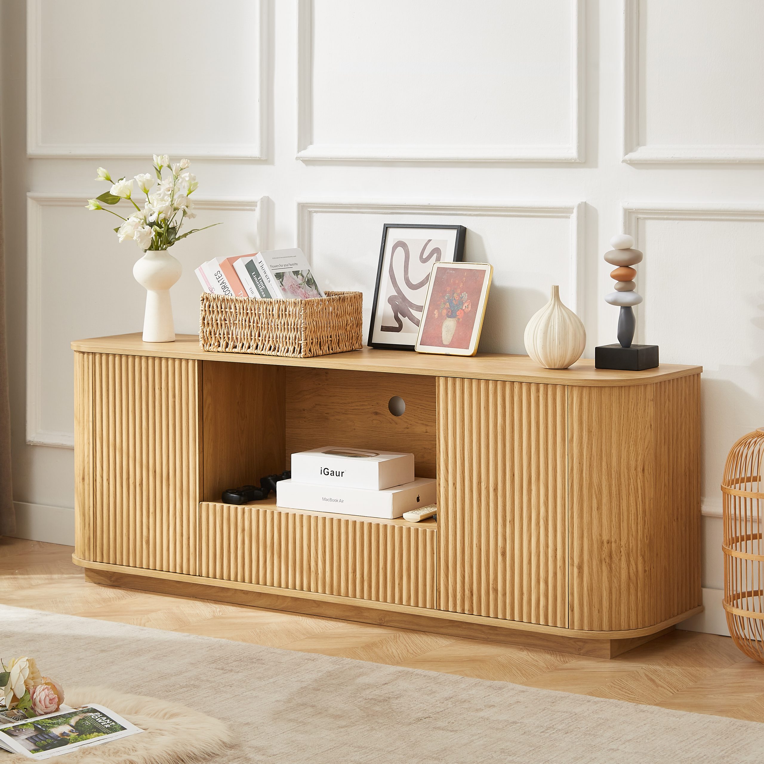 64-Inch Wavy TV Stand, Rounded Sideboard, Storage Cabinet, Wooden Vertical Stripe Cabinet for Living Room/Bedroom/Entryway. Natural,64''W x 15''D x 24''H. - Image 2