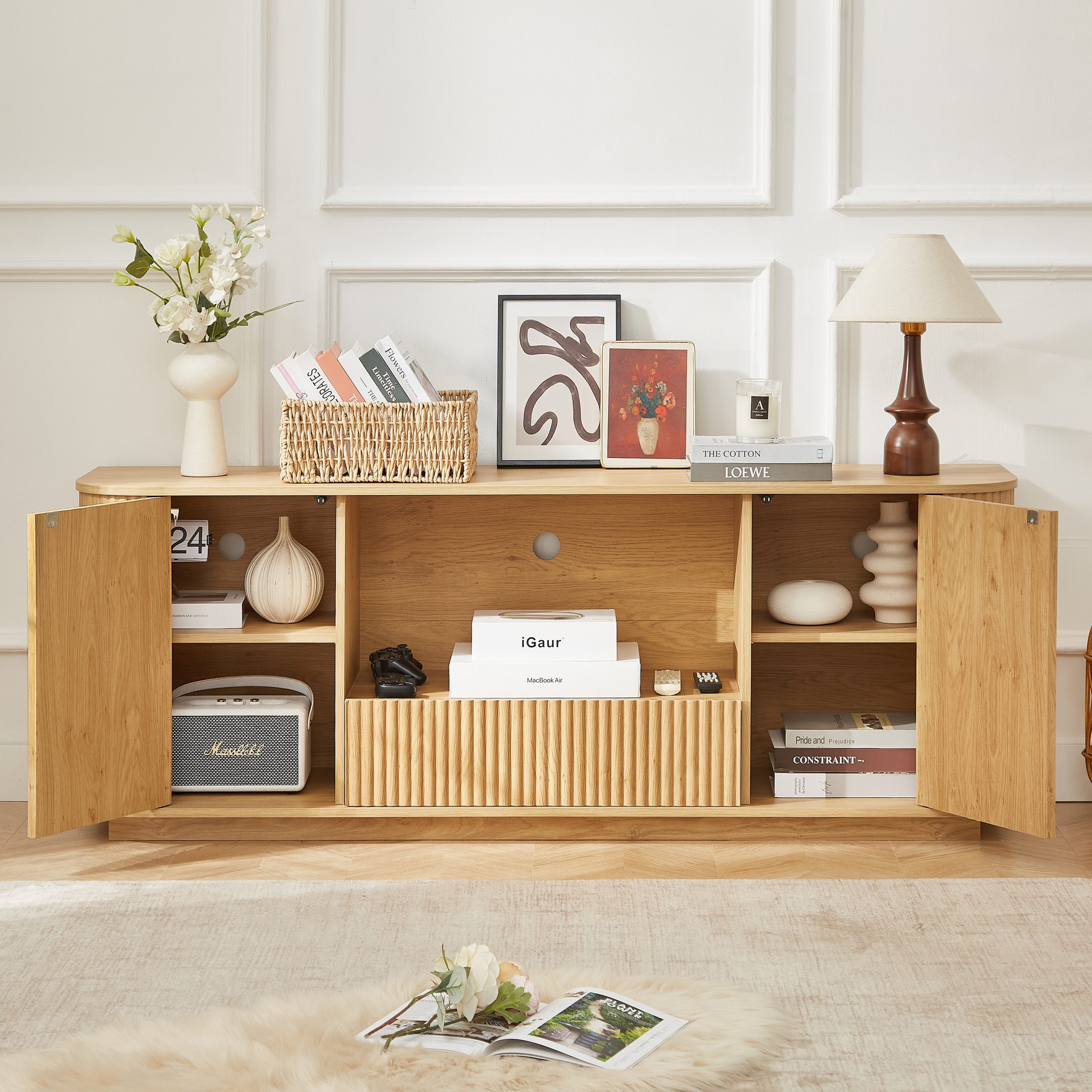 64-Inch Wavy TV Stand, Rounded Sideboard, Storage Cabinet, Wooden Vertical Stripe Cabinet for Living Room/Bedroom/Entryway. Natural,64''W x 15''D x 24''H. - Image 3