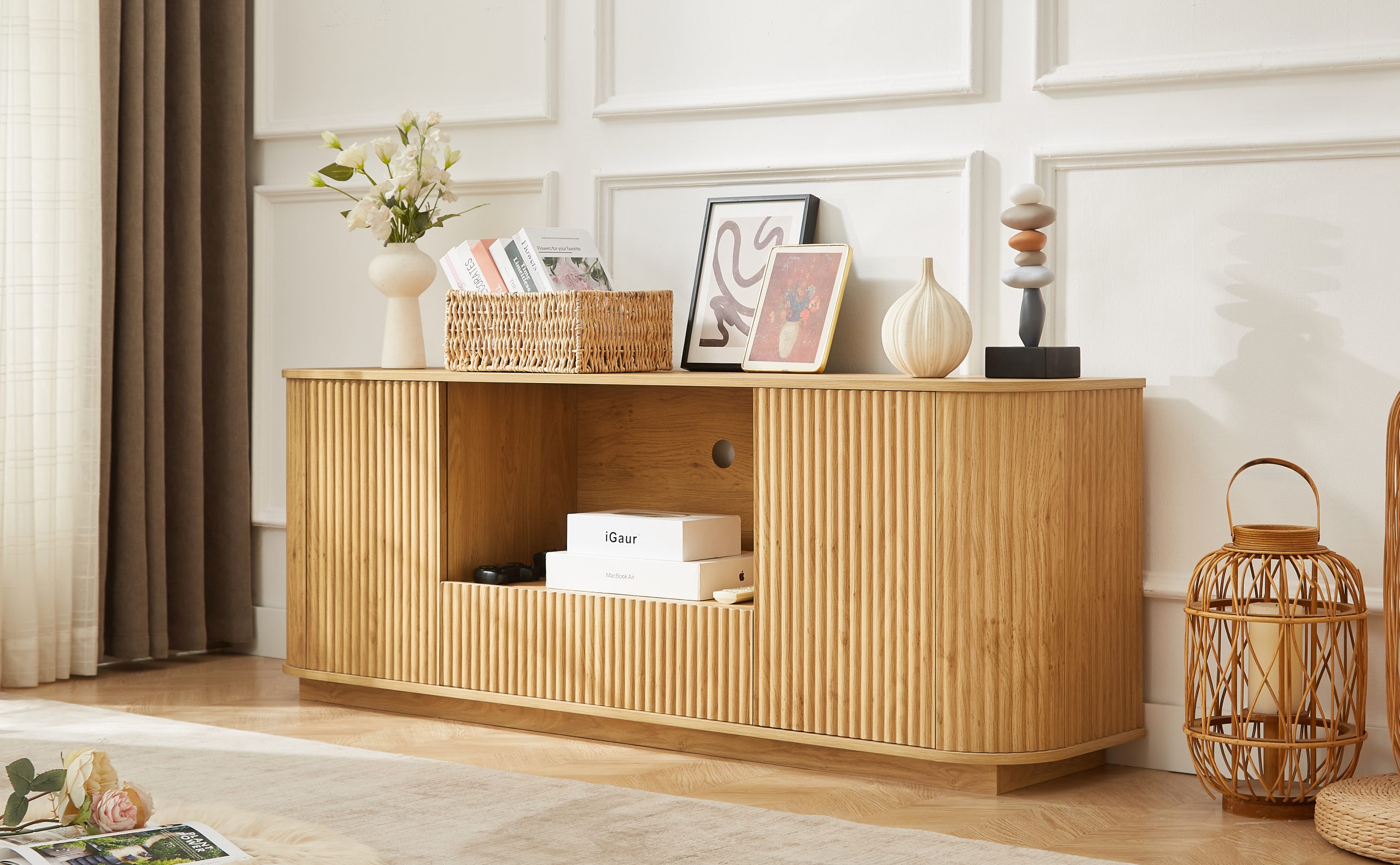 64-Inch Wavy TV Stand, Rounded Sideboard, Storage Cabinet, Wooden Vertical Stripe Cabinet for Living Room/Bedroom/Entryway. Natural,64''W x 15''D x 24''H. - Image 4