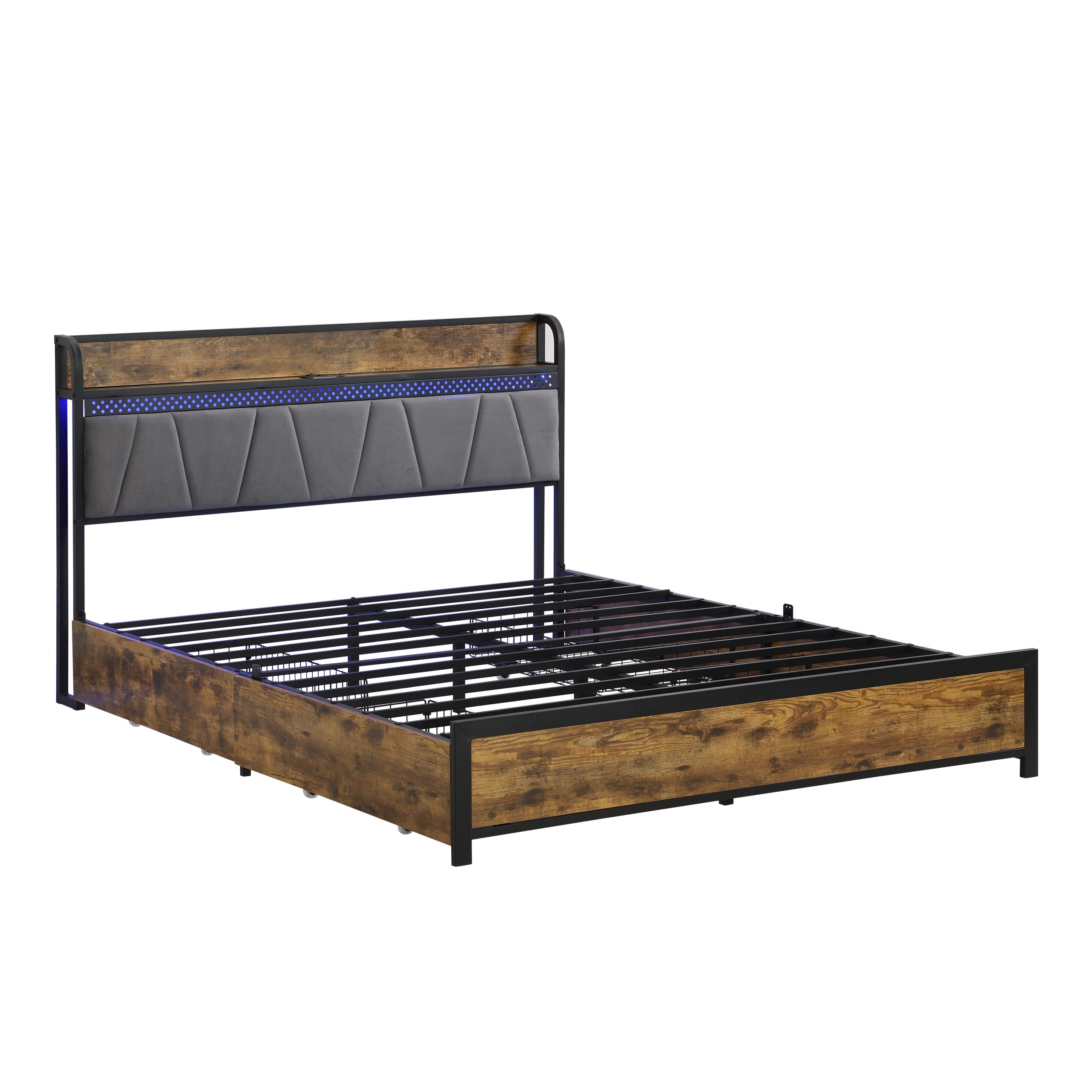 Queen Size Bed Frame, Storage Headboard with Charging Station and 4 Storage Drawers,LED Lights , Brown and Gray - Image 4
