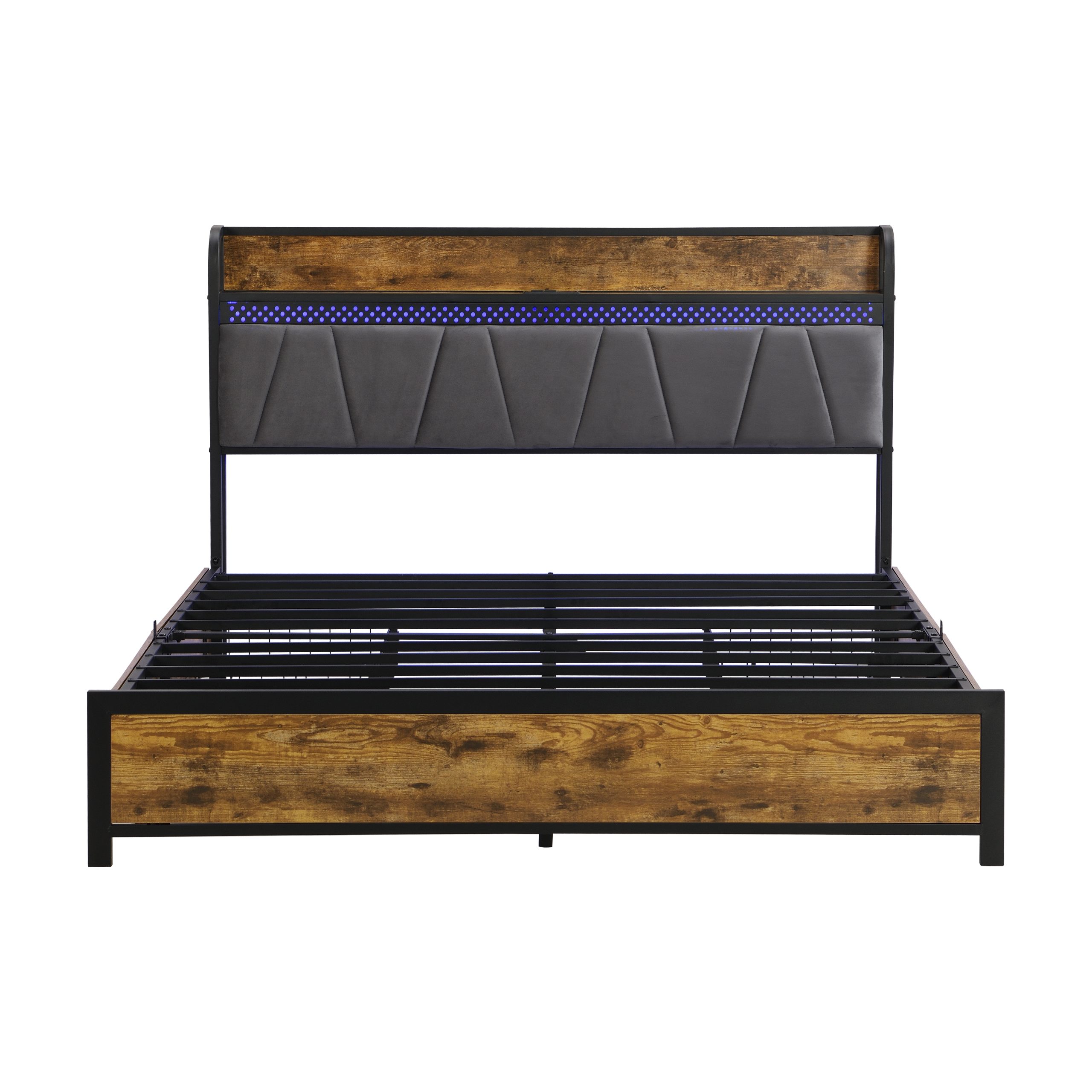 Queen Size Bed Frame, Storage Headboard with Charging Station and 4 Storage Drawers,LED Lights , Brown and Gray - Image 5