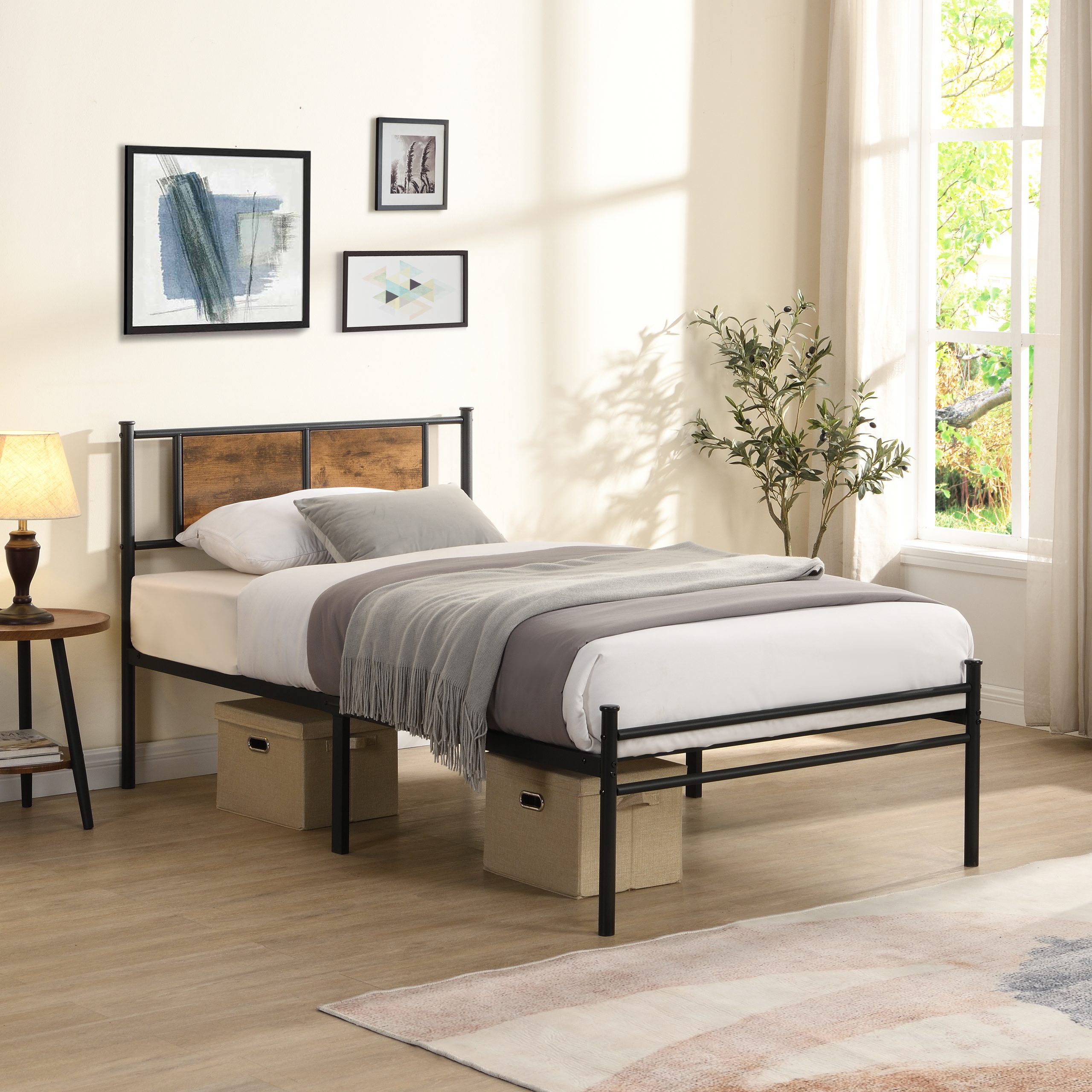 Twin Size metal bedframe,Headboard with wood panel decoration,black - Image 1