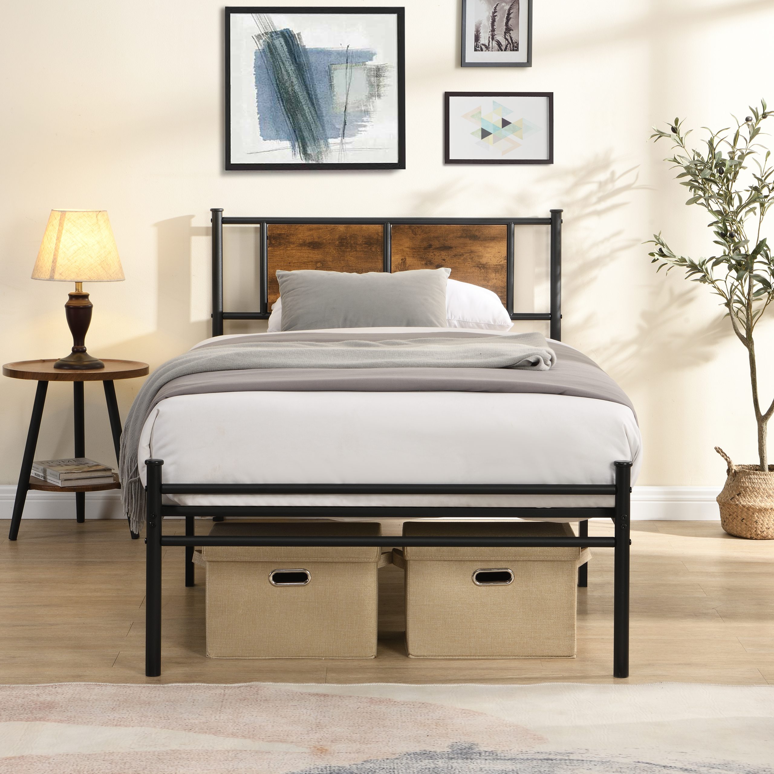 Twin Size metal bedframe,Headboard with wood panel decoration,black - Image 2