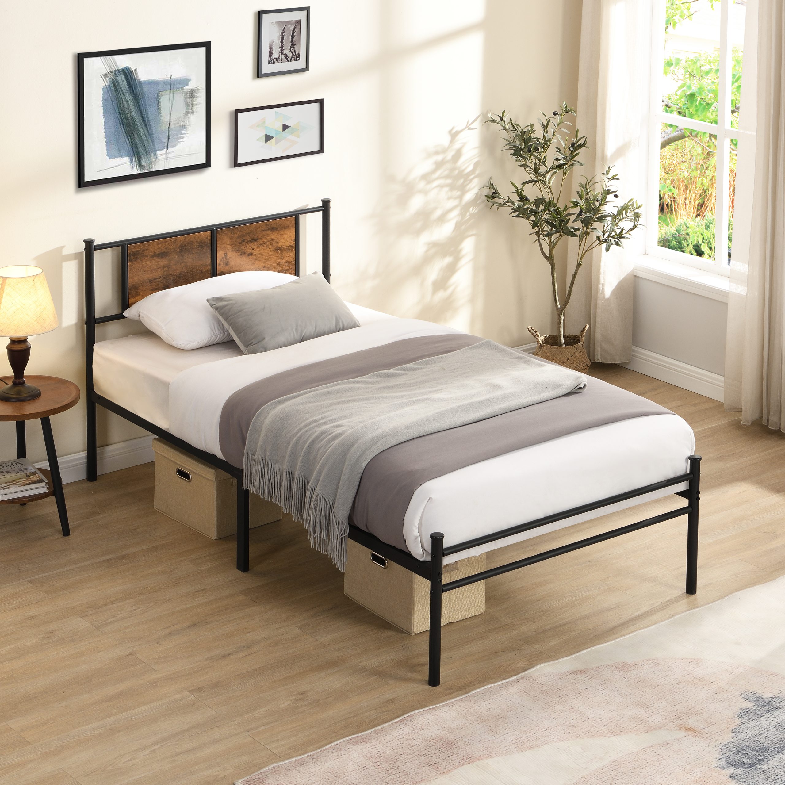Twin Size metal bedframe,Headboard with wood panel decoration,black - Image 3