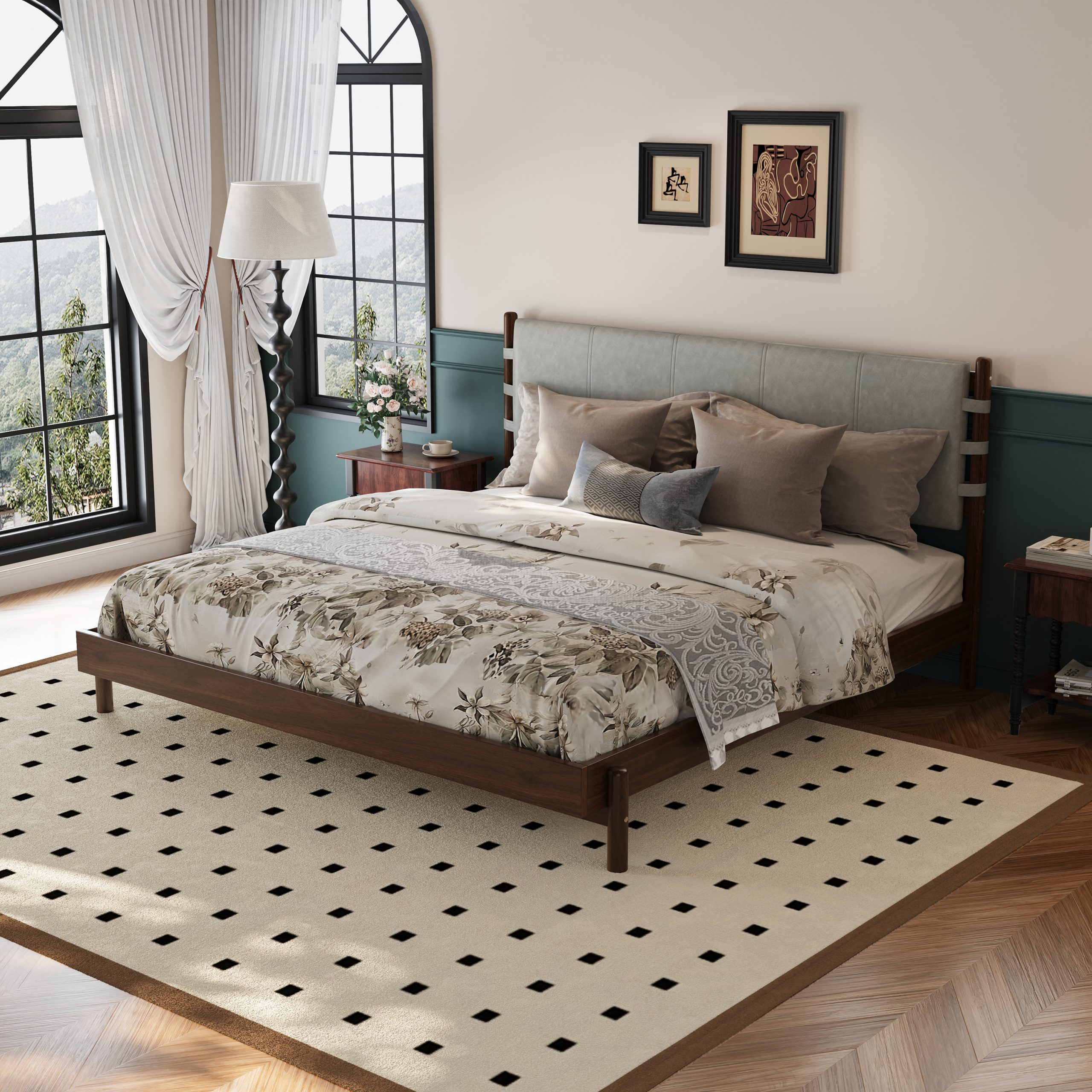 Premium Rubber Wood Platform Bed Frame, King Bed Frame with Headboard Included, Mid Century Modern Bed With Walnut+Light Grey Color - Image 1