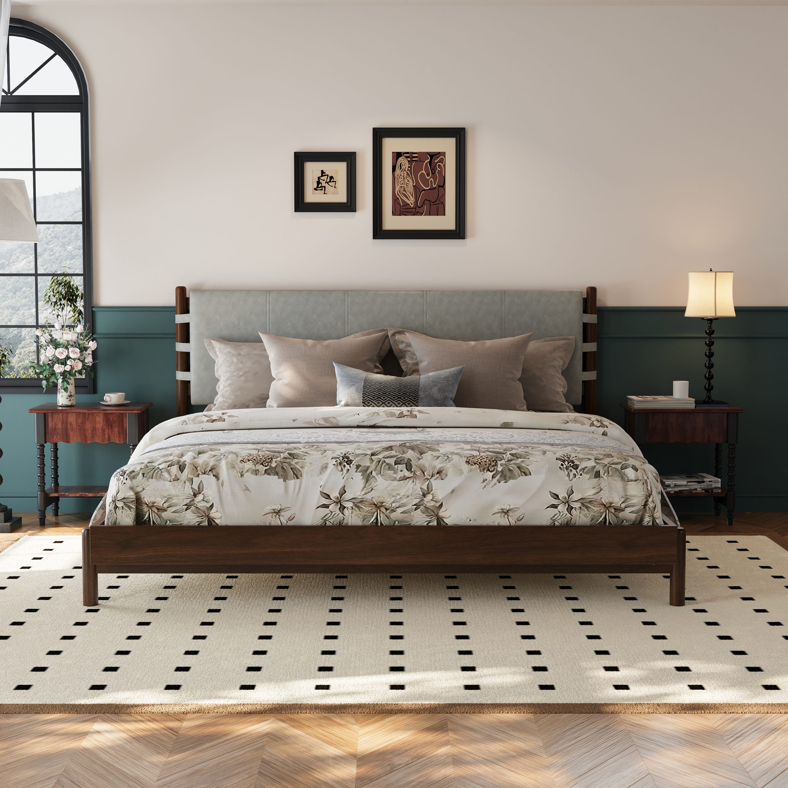 Premium Rubber Wood Platform Bed Frame, King Bed Frame with Headboard Included, Mid Century Modern Bed With Walnut+Light Grey Color - Image 2