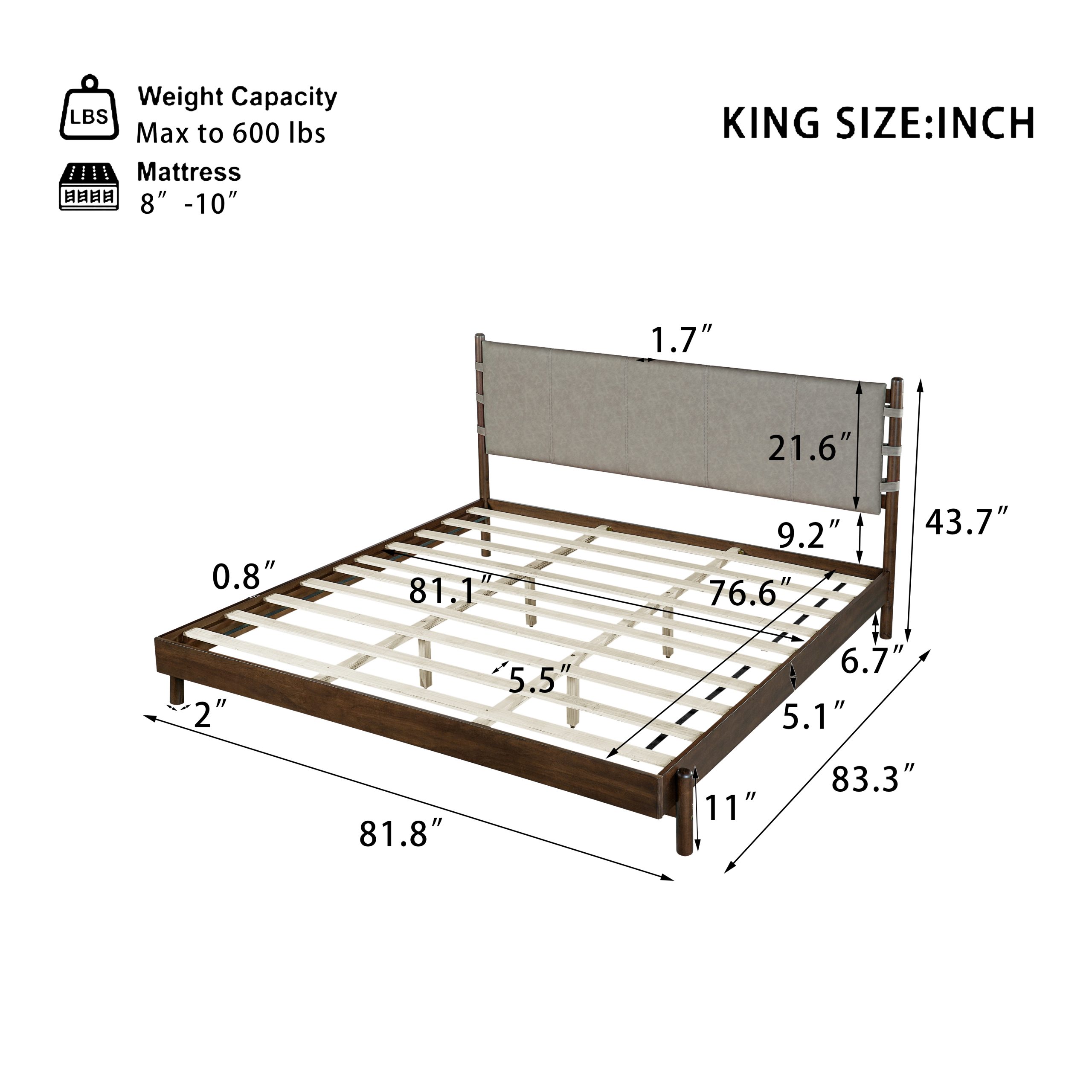 Premium Rubber Wood Platform Bed Frame, King Bed Frame with Headboard Included, Mid Century Modern Bed With Walnut+Light Grey Color - Image 3