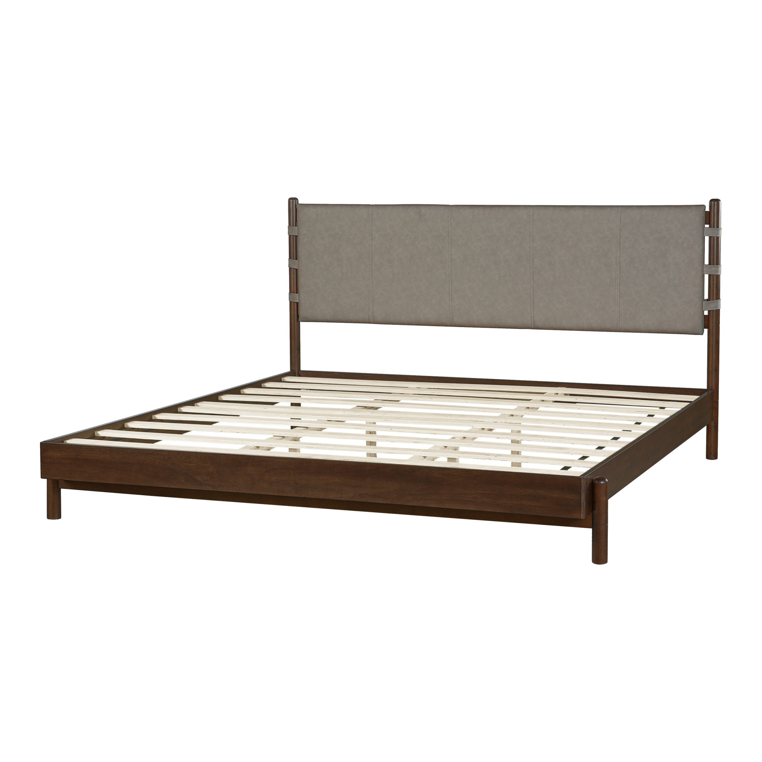 Premium Rubber Wood Platform Bed Frame, King Bed Frame with Headboard Included, Mid Century Modern Bed With Walnut+Light Grey Color - Image 4