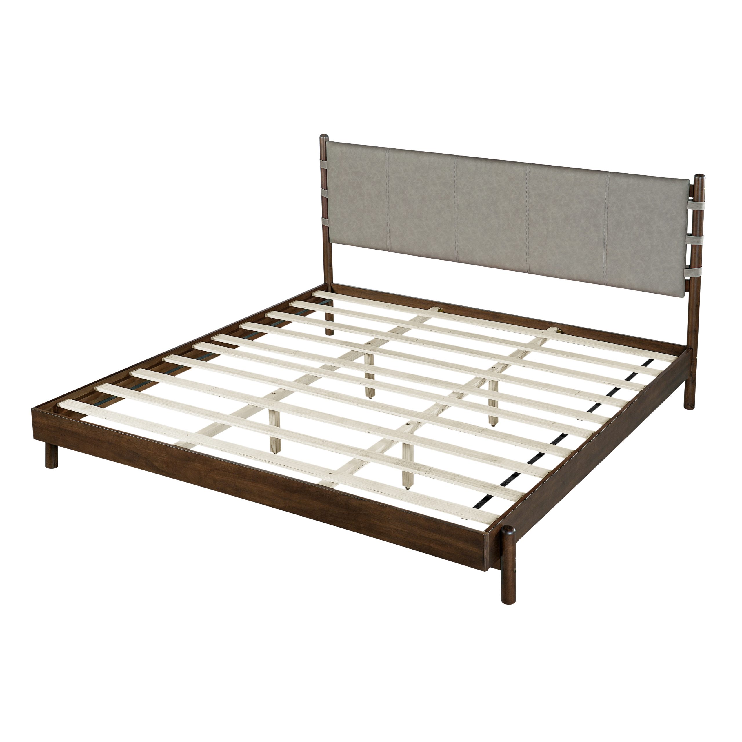 Premium Rubber Wood Platform Bed Frame, King Bed Frame with Headboard Included, Mid Century Modern Bed With Walnut+Light Grey Color - Image 5