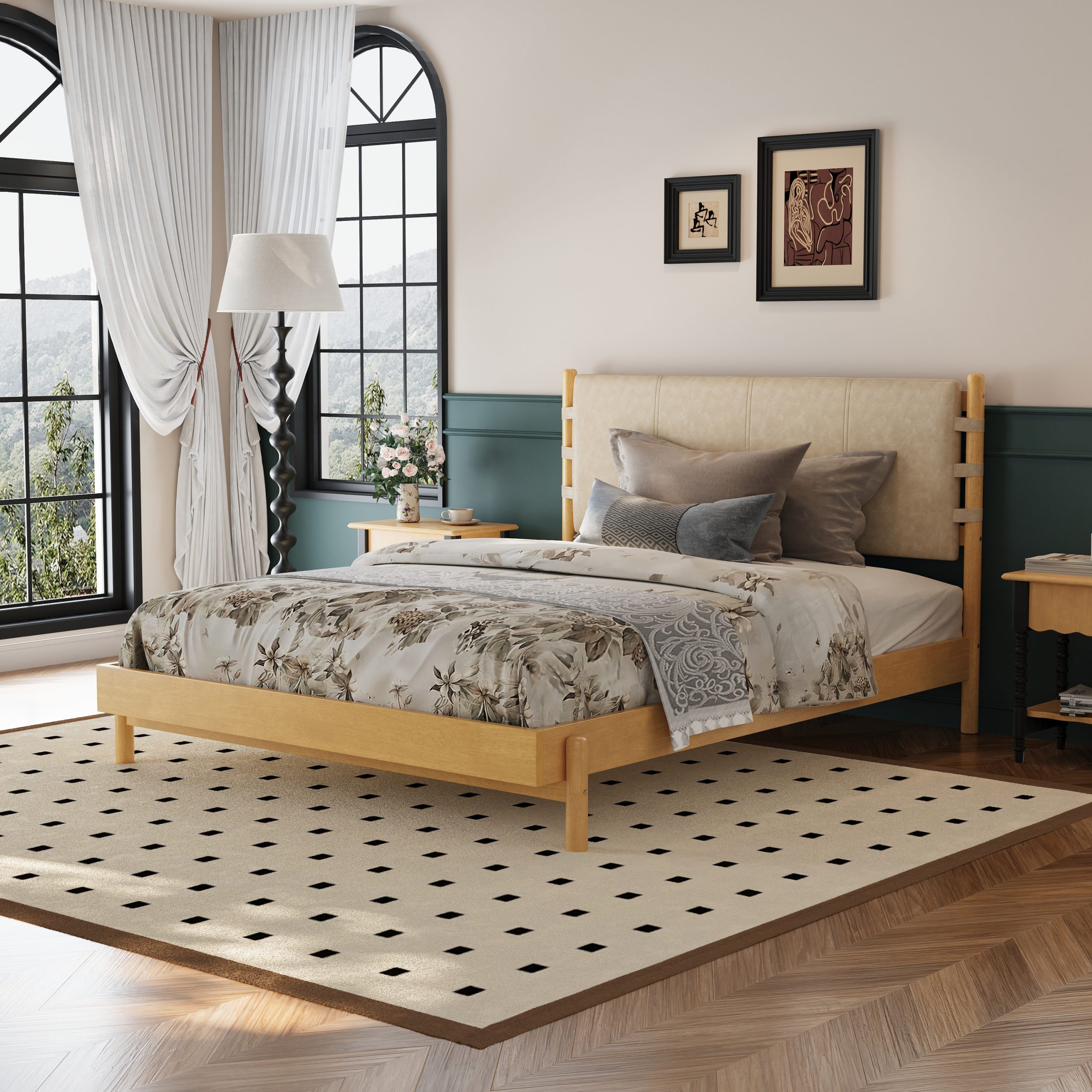Premium Rubber Wood Platform Bed Frame, Queen Bed Frame with Headboard Included, Mid Century Modern Bed With Beige Color - Image 1