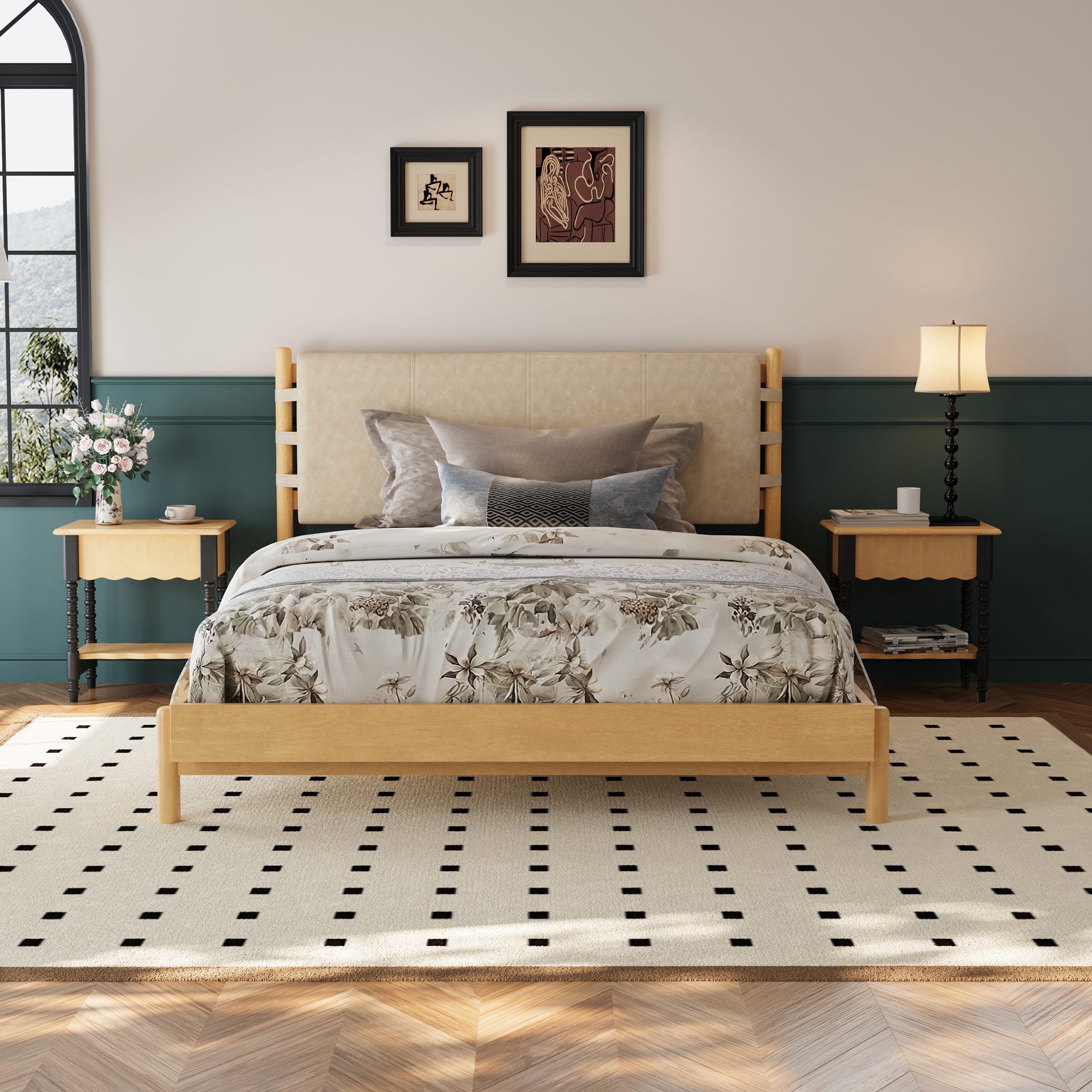 Premium Rubber Wood Platform Bed Frame, Queen Bed Frame with Headboard Included, Mid Century Modern Bed With Beige Color - Image 2