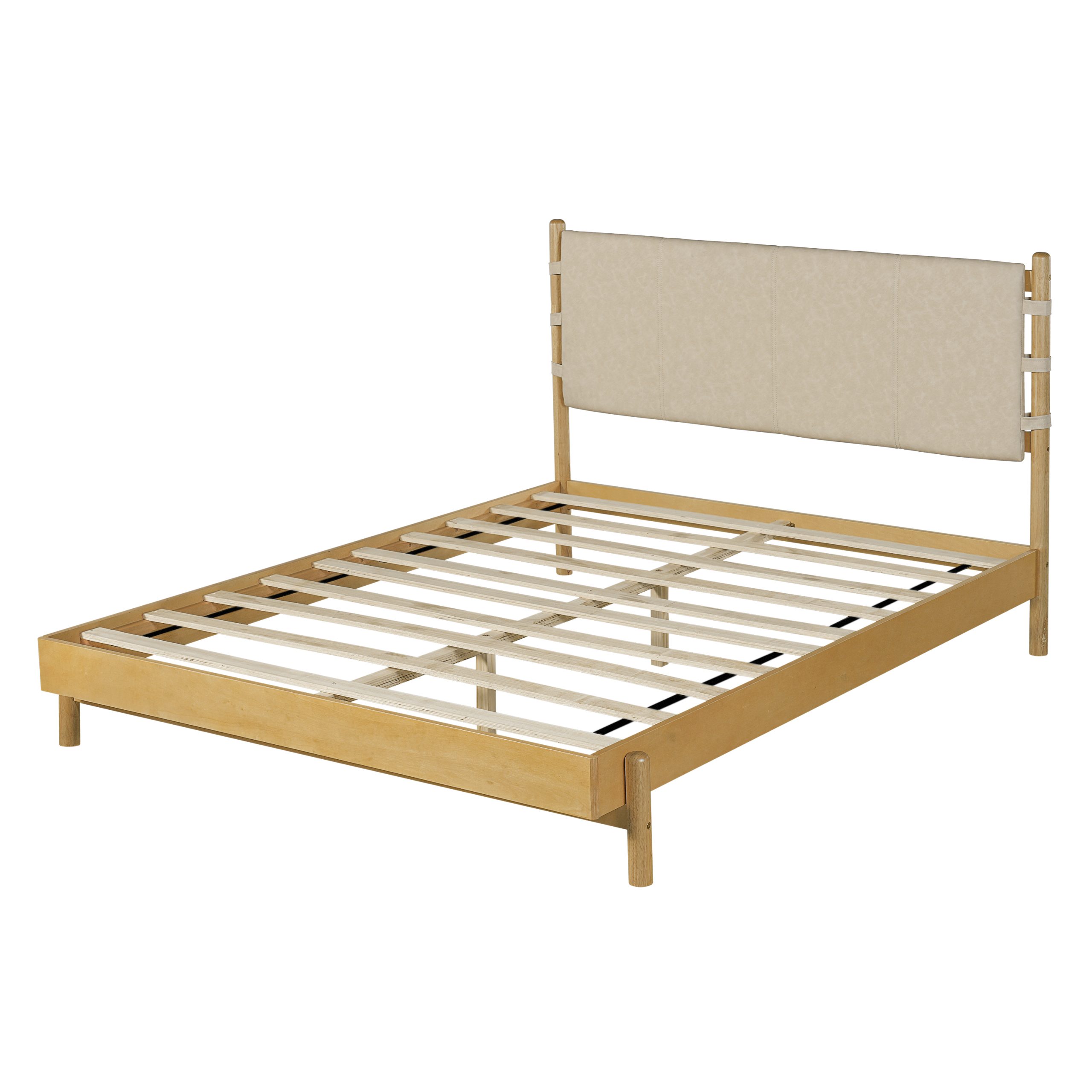 Premium Rubber Wood Platform Bed Frame, Queen Bed Frame with Headboard Included, Mid Century Modern Bed With Beige Color - Image 4