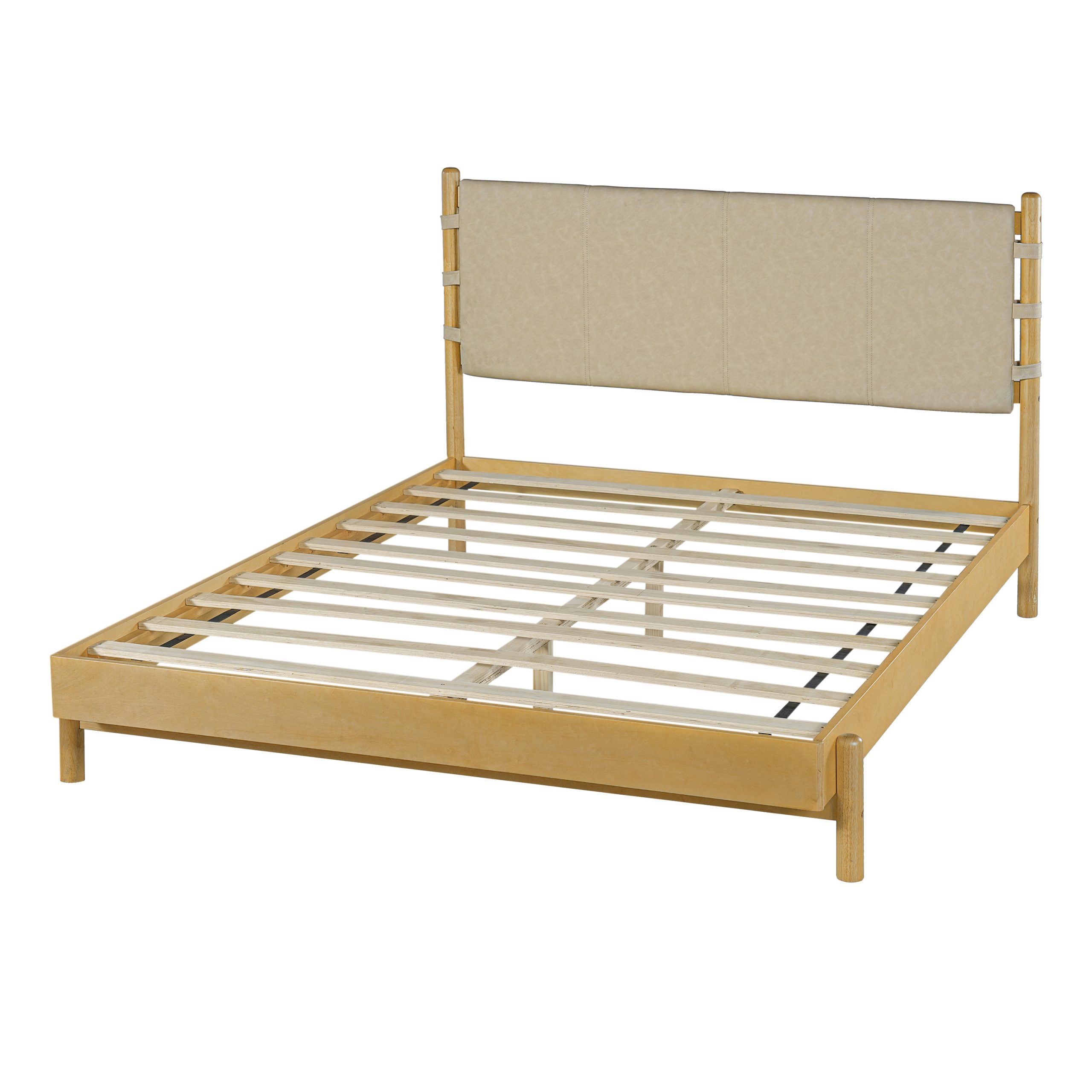 Premium Rubber Wood Platform Bed Frame, Queen Bed Frame with Headboard Included, Mid Century Modern Bed With Beige Color - Image 6